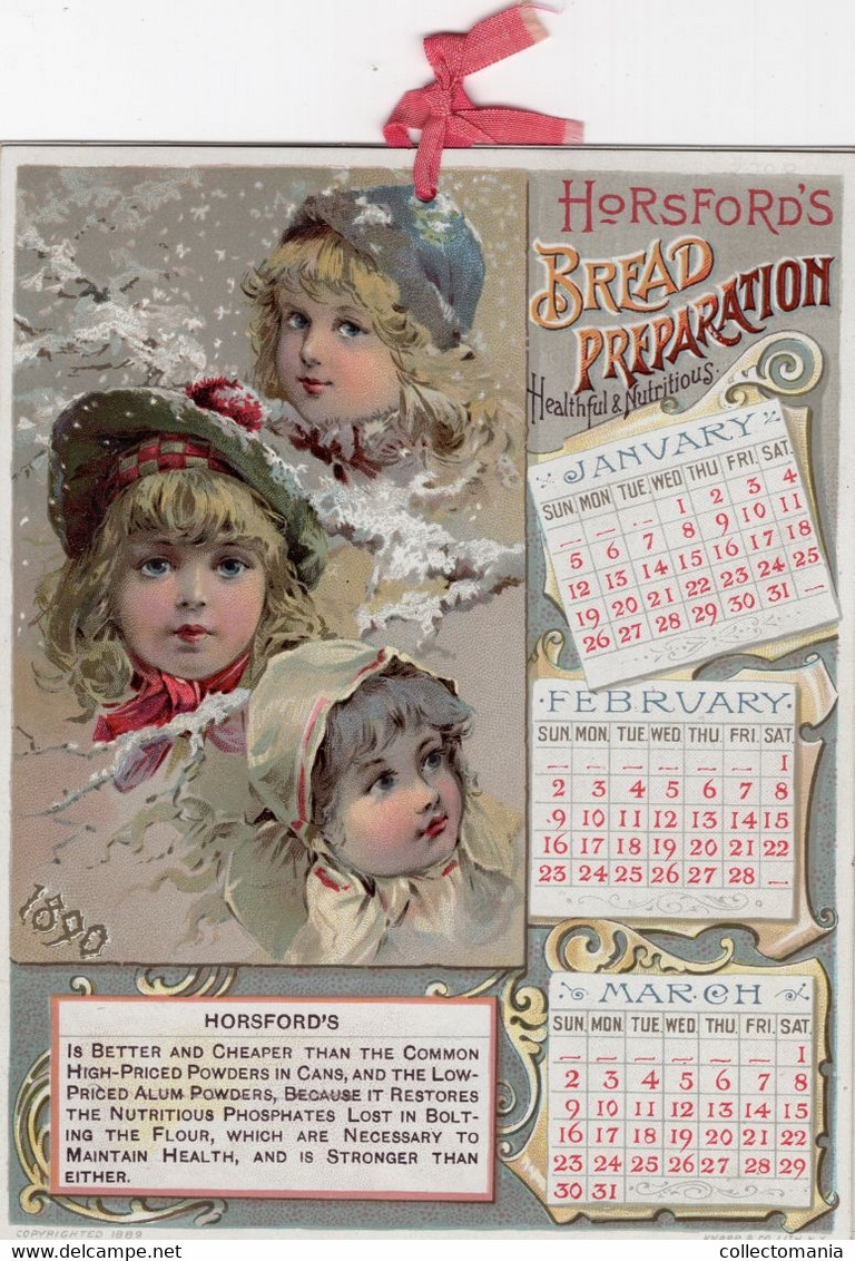 1  Calendar 1890 Horsford's Bread Preparation Lith. Knapp & C° - Tamaño Grande : ...-1900