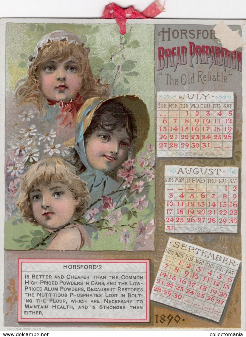 1  Calendar 1890 Horsford's Bread Preparation Lith. Knapp & C° - Groot Formaat: ...-1900