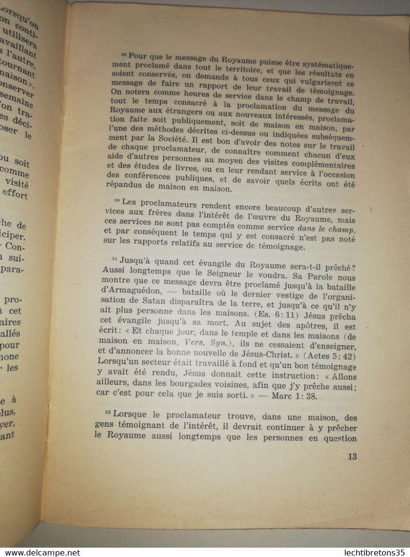 1946 Rare Léquime Instructions Sur L'organisation De L'oeuvre Pour Le Proclamateur Du Royaume Watch Tower Bible Jéhovah - Religion