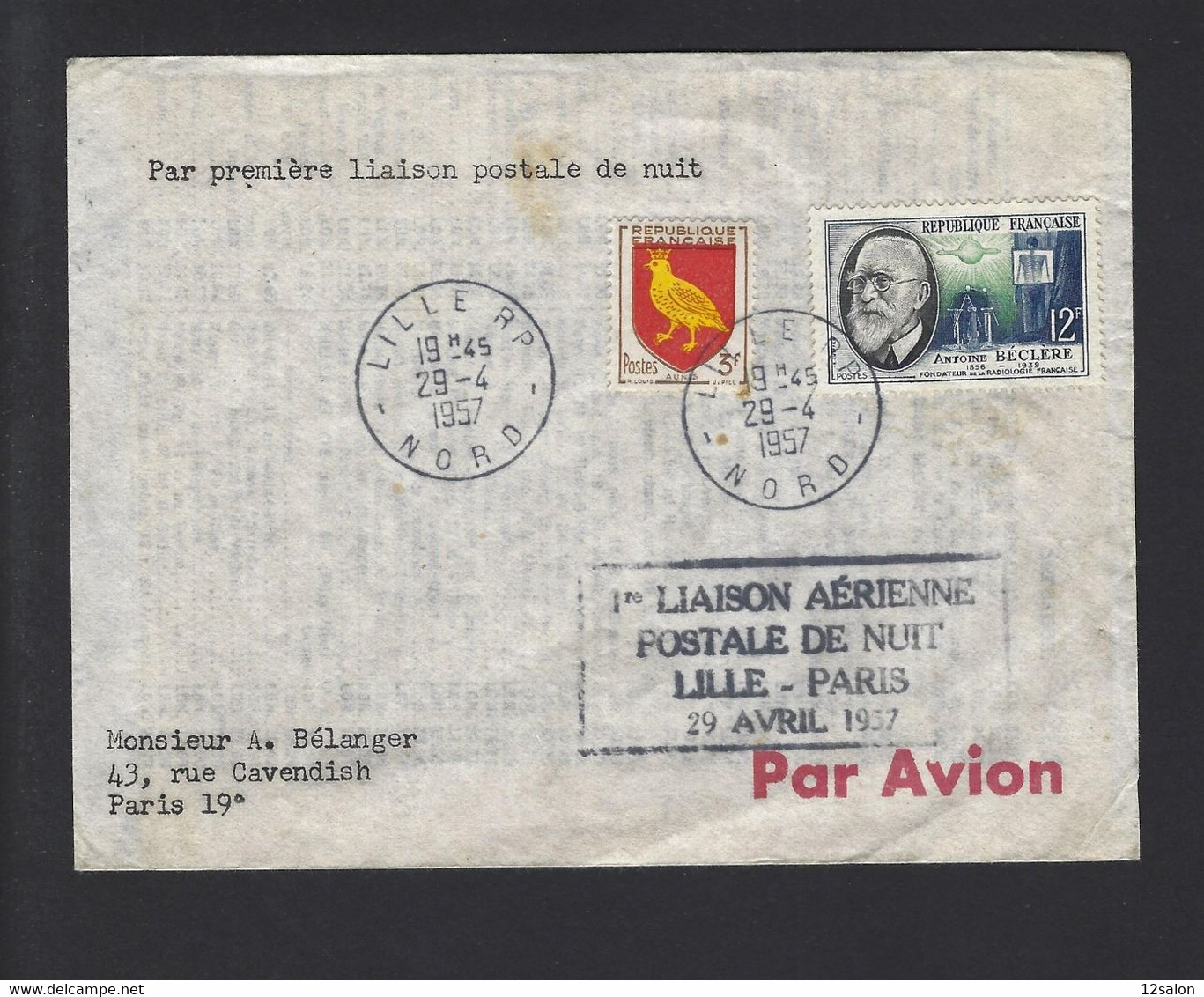 FRANCE ORLY LILLE PREMER VOL DE NUIT LILLE PARIS 1957 - Airplanes