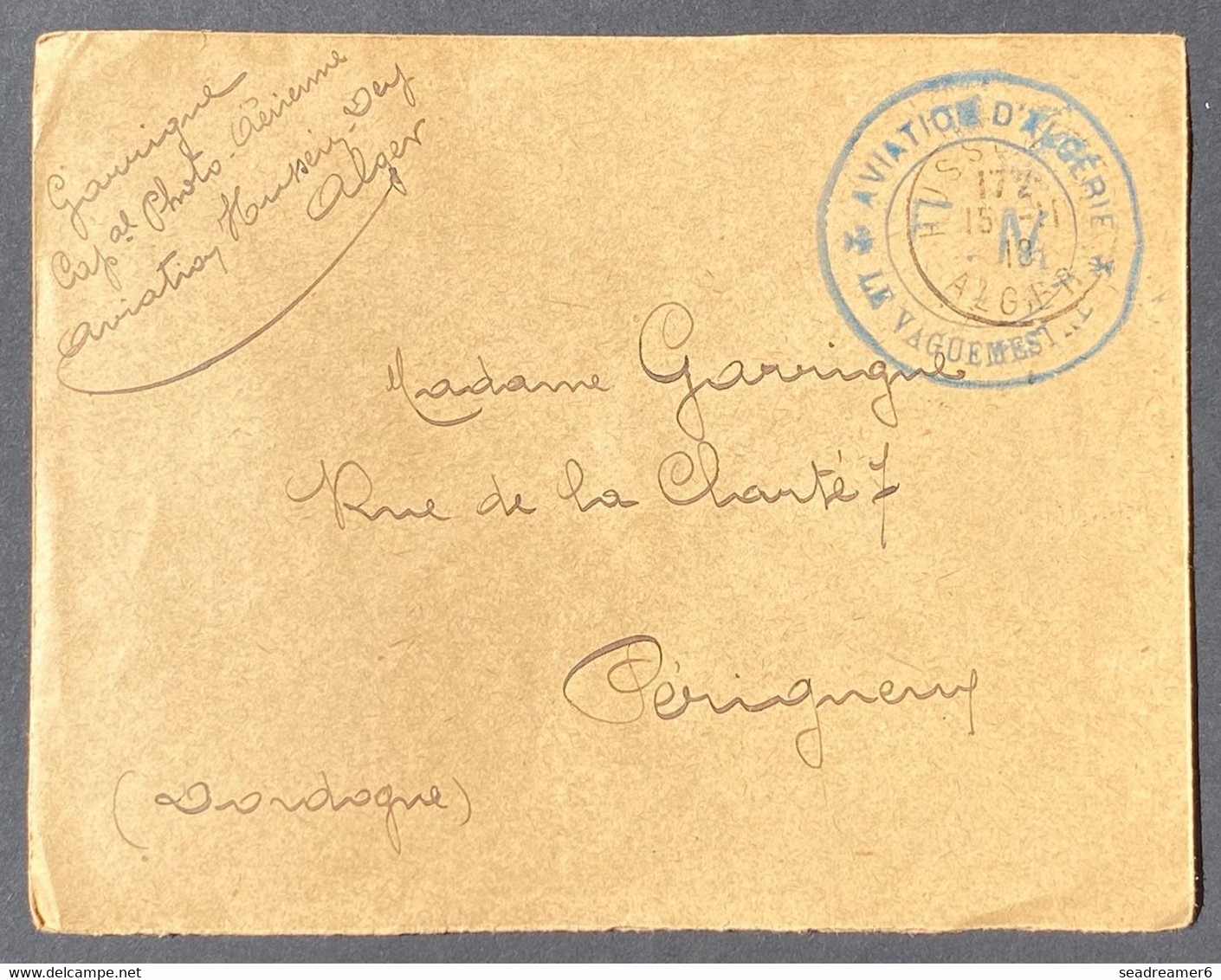 ALGERIE Lettre D'HUSSEIM DEY ALGER Régiment De Photos AERIENNES EN FM DU 15/8/1918  + Cachet Aviation D'Algérie RR - Luchtpost