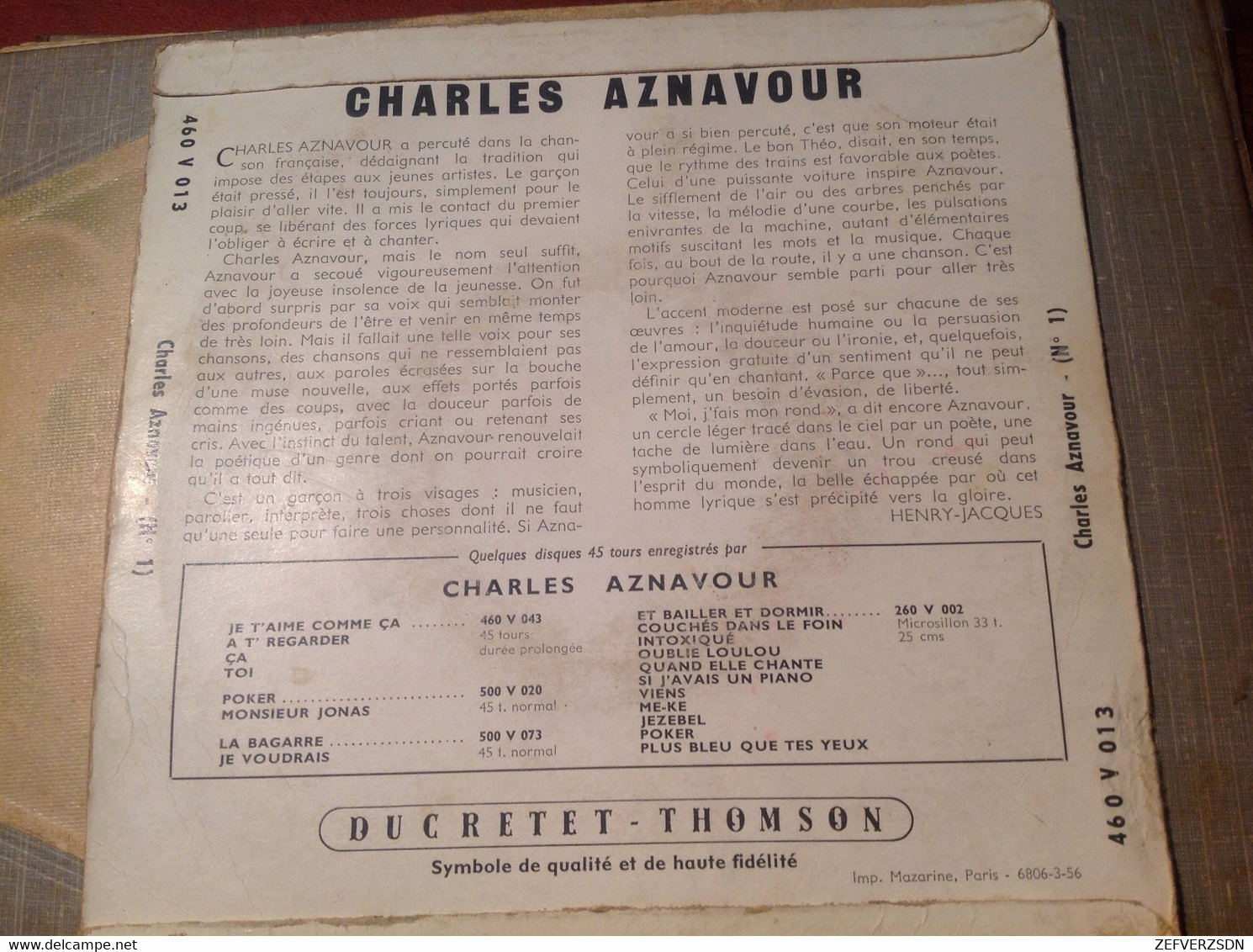 CHARLES AZNAVOUR DISQUE DUCRETET THOMSON VIENS AU CREUX DE MON ÉPAULE AH PARCE QUE 45 TOURS - Complete Collections