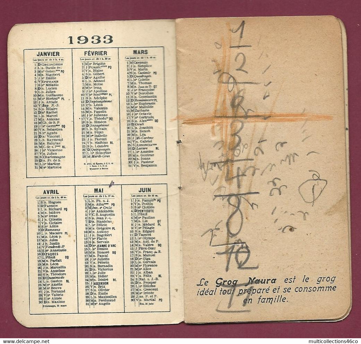 120421A - CALENDRIER 1933 RHUM NAURA STE ANNE ST MAURICE - MARTINIQUE ? - Petit Format : 1921-40