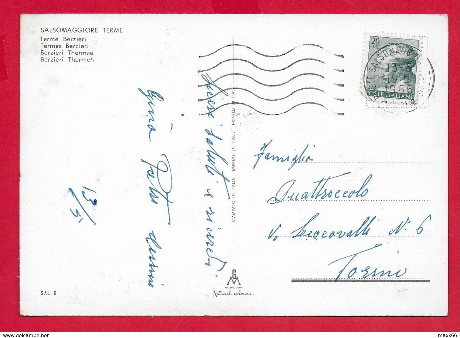 CARTOLINA VG ITALIA - SALSOMAGGIORE (PR) - Terme Berzieri - 10 X 15 - 1966 - Parma