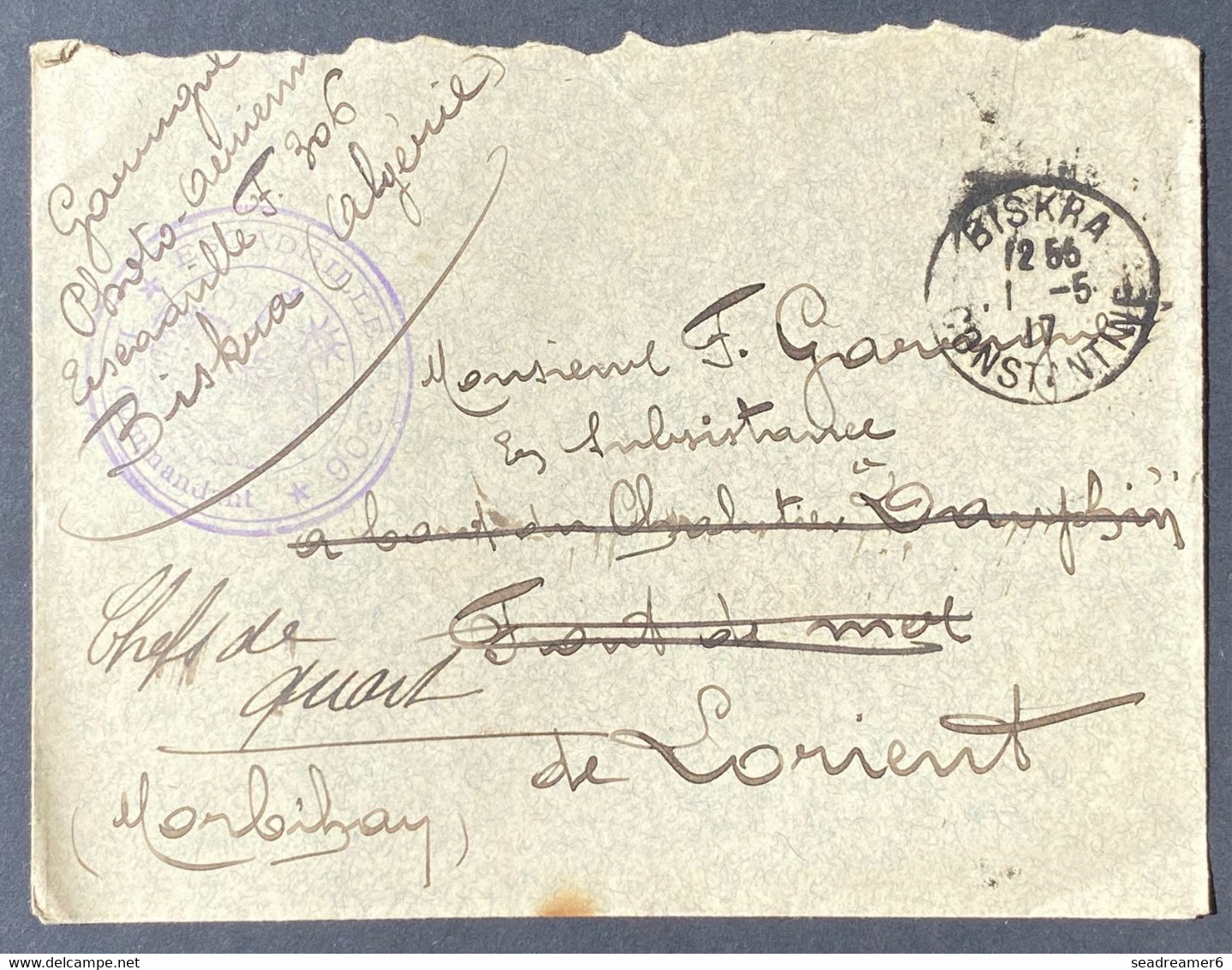 ALGERIE Lettre De Biskra Pour Lorient Régiment De Photos AERIENNES N°306 EN FM 01/5/1917  + Cachet Escadrille 306 RR - Luftpost