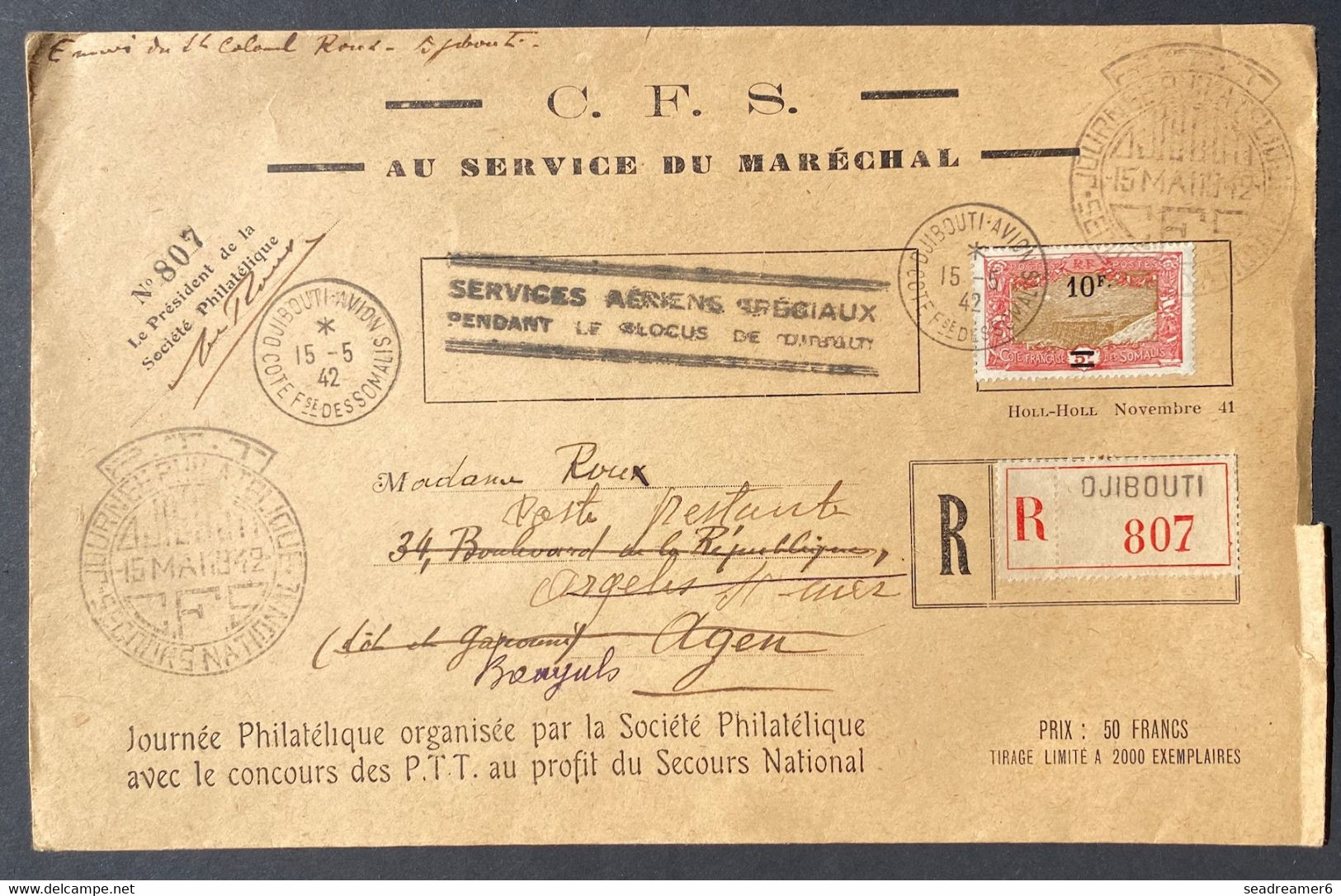 BLOCUS De DJIBOUTI 1942 LETTRE RECOMMANDEE JOURNEE SECOURS NATIONAL "AU SERVICE DU MARECHAL"  Agen - Cartas & Documentos