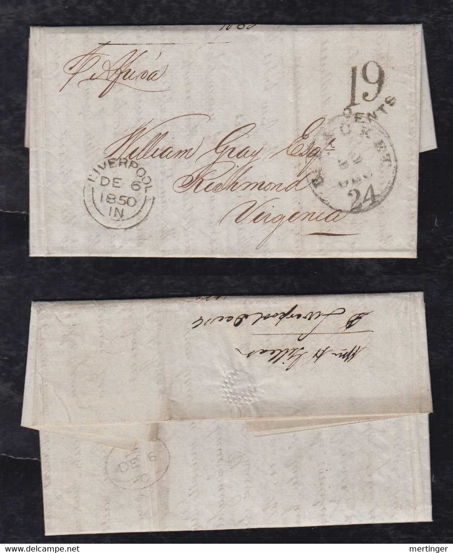 Great Britain 1850 Cover LIVERPOOL To RICHMOND USA BRITISH PACKET 19C Tax - ...-1840 Préphilatélie