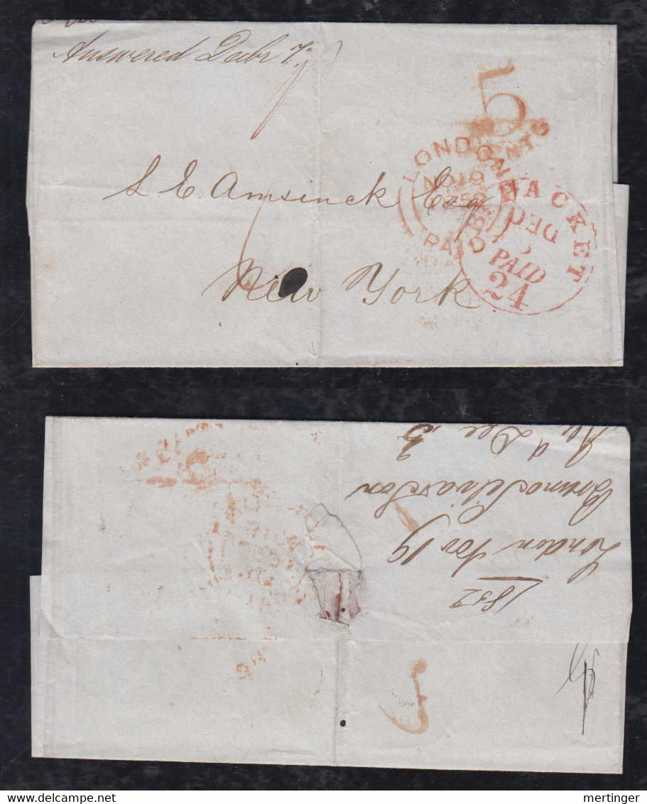 Great Britain 1852 Entire Cover LONDON To NEW YORK USA PAID B. PACKET 24c + 5Cents - ...-1840 Préphilatélie