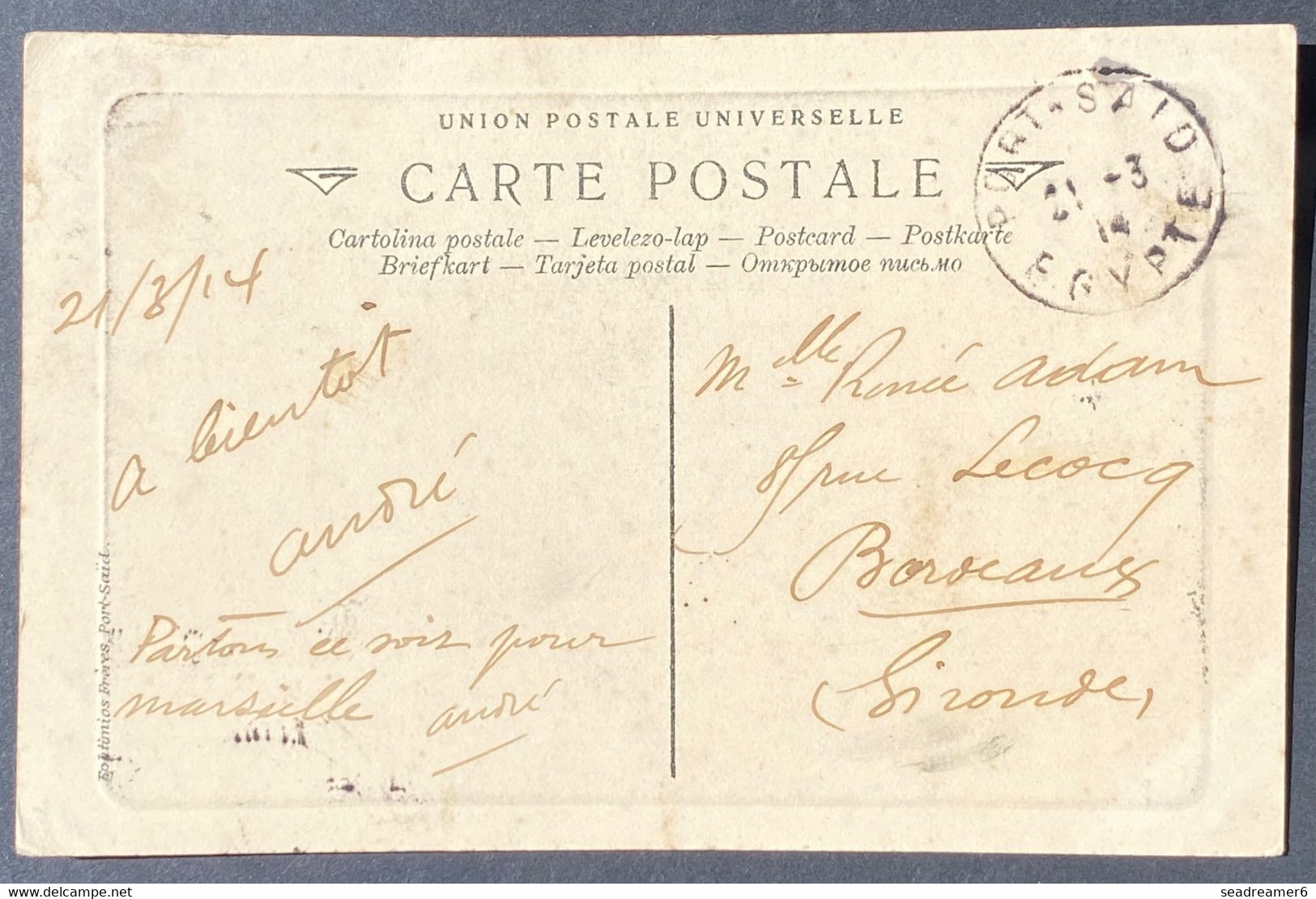 Carte Postale De Port Said N°28 25c Bleu Mouchon Port Said Pour Bordeaux TTB - Storia Postale