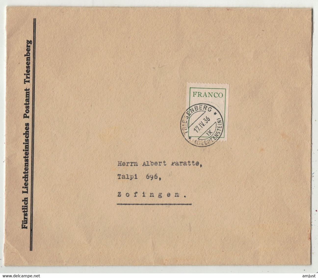 Liechtenstein // Franco 17/4/1936 Triesenberg - Taxe