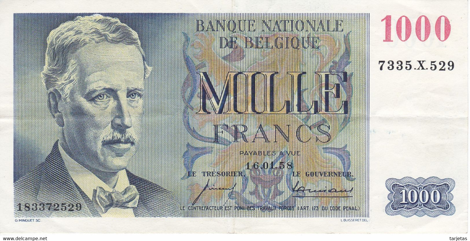 BILLETE DE BELGICA DE 1000 FRANCS DEL 16-01-1958  (BANKNOTE) - 1000 Francs