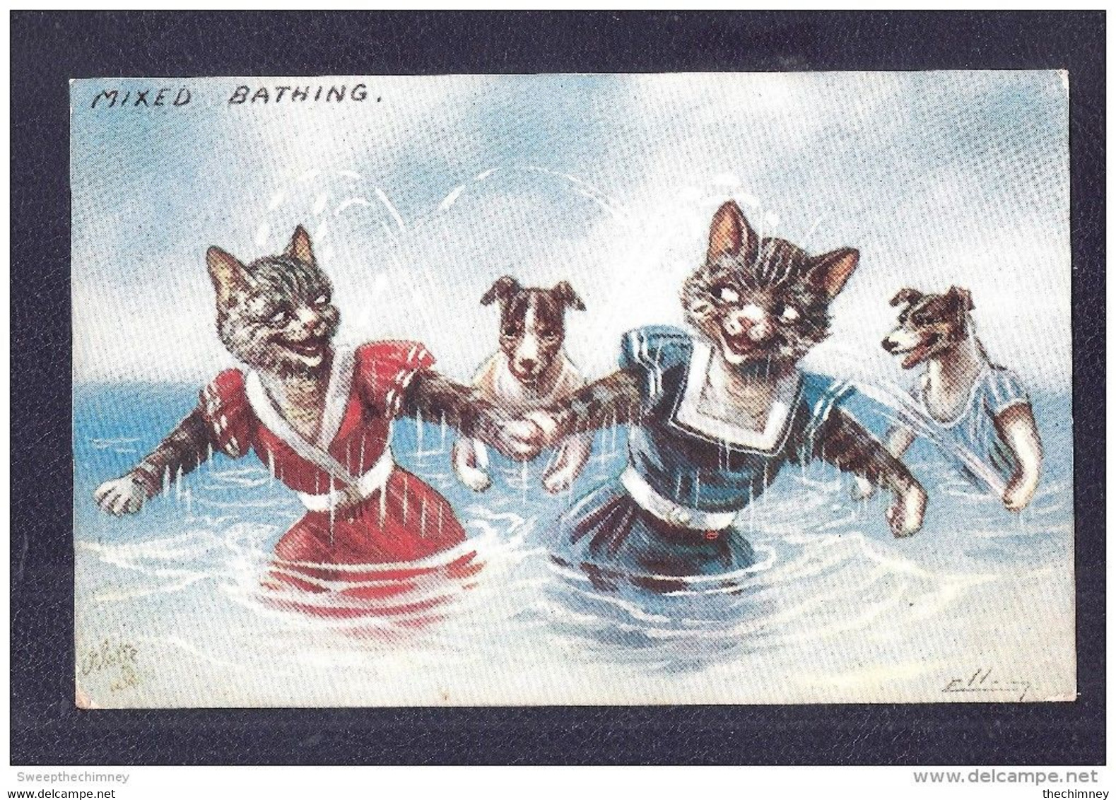Chat CAT CATS  A La Mer, Mixed Bathing, Illustrateur Ellam, Raphael Tuck, Oilette USED 1909 + STAMP TIMBRE - Katzen