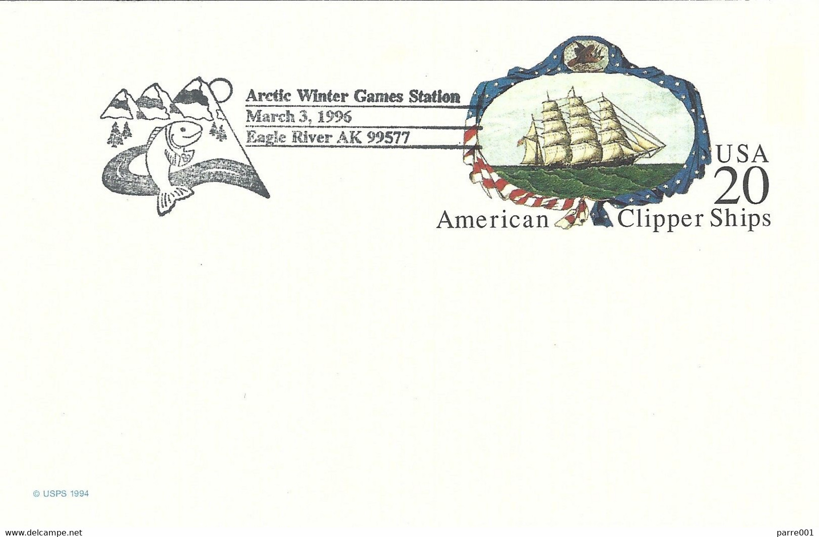 USA 1996 Eagle River Alaska Arctic Winter Games Salmon Fish Clipper Ships Postal Stationary Card - Recordatorios