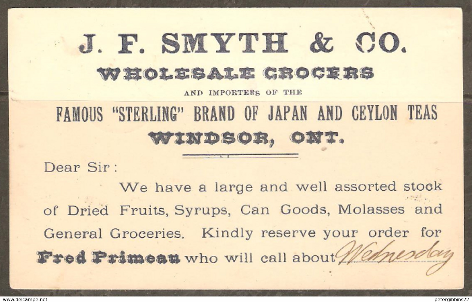 Canada  1902  Post Card  Windsor Ontario J F Smythe Groceries - Lettres & Documents