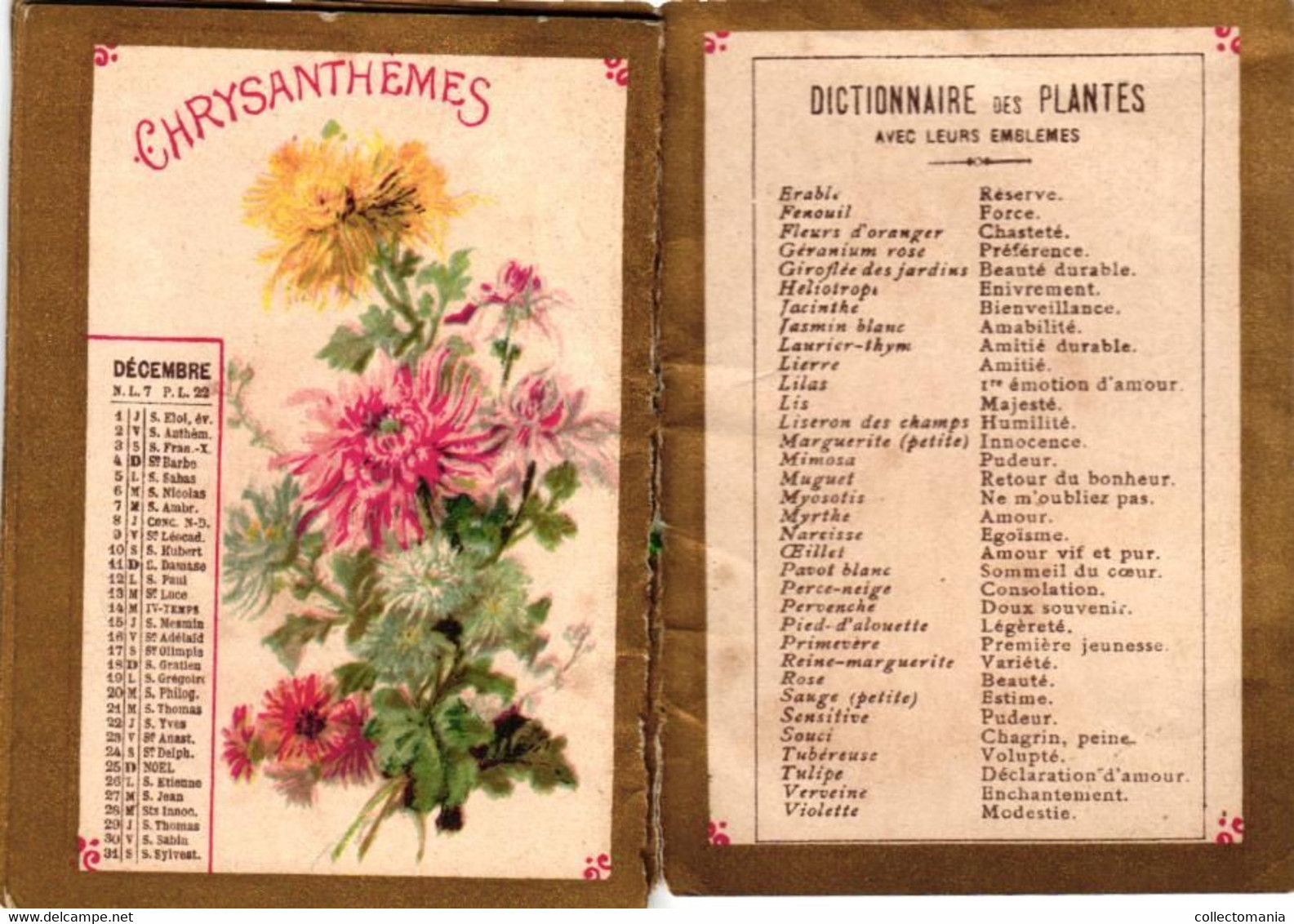 1 Carnet Booklet Calendrier 1904  Bazar Laffitte Dictionnaire Plantes Narcisse Girofle Tulipes Iris Pavot CHISANTEME