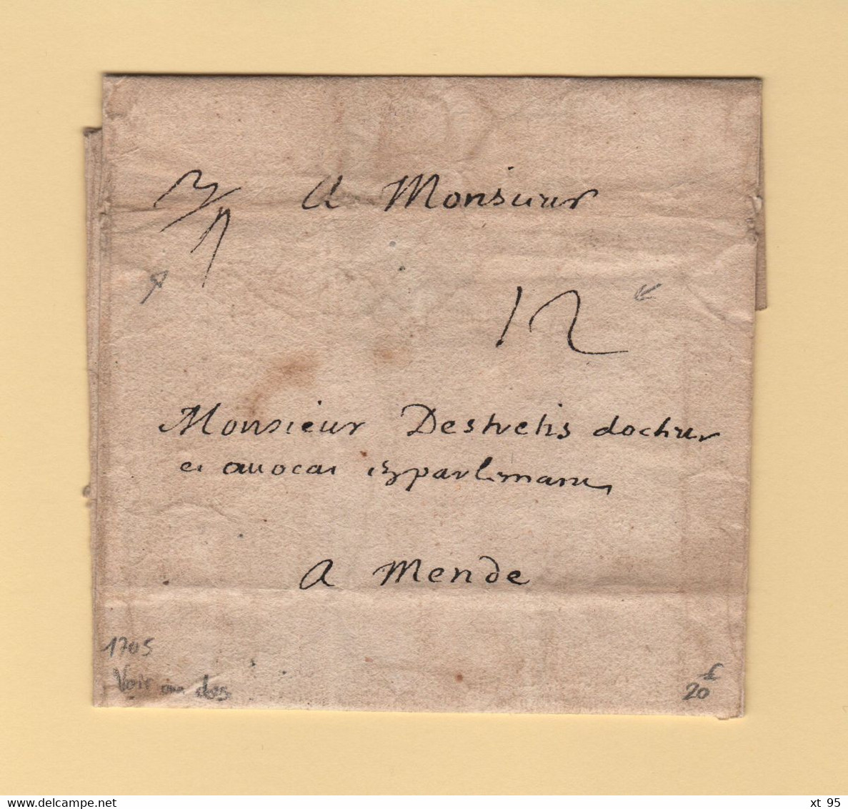 Port Manuscrit 12 Sur Lettre Sans Correspondance Du 29 Juin 1704 Pour Mende - Au Dos XII A La Plume - 1701-1800: Precursori XVIII