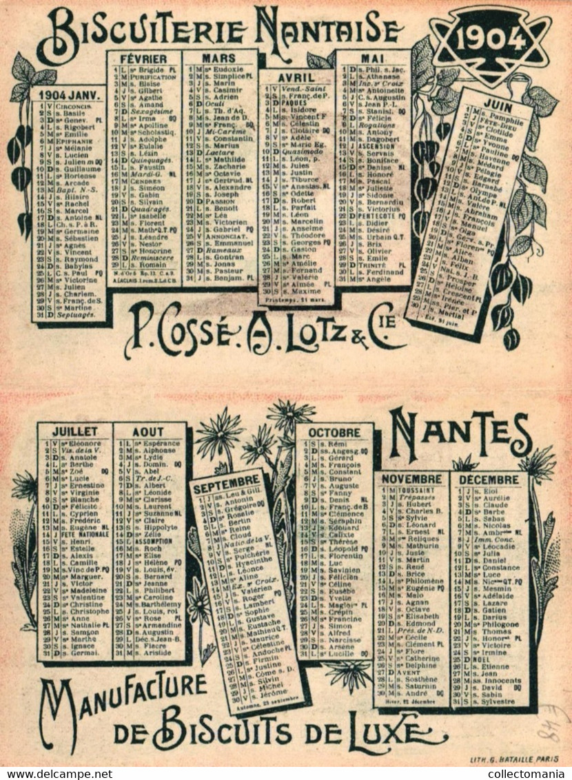 1 Calendrier 1904 Biscuiterie Nantaise Cossé Lotz &C° NANTES - Petit Format : 1901-20
