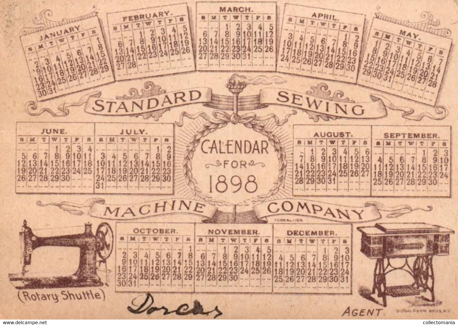1 Calendrier 1898  Standard Sewing Machine C° - Tamaño Pequeño : ...-1900