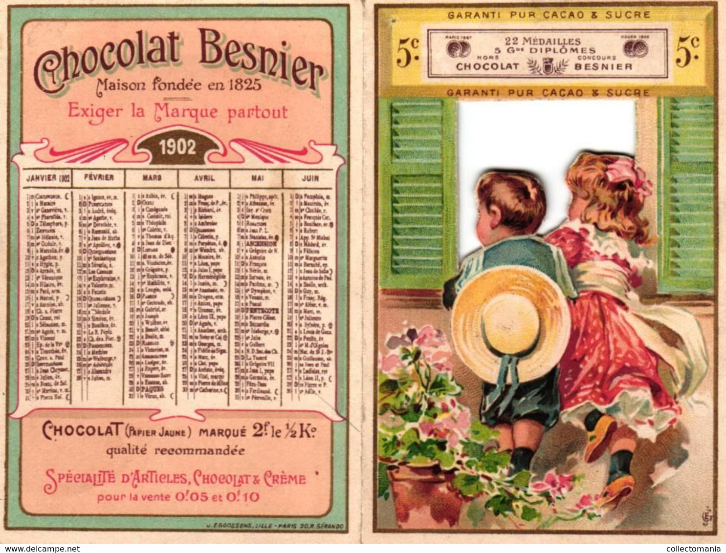 1 Calendrier 1902 Chocolat Besnier  Lith. Goossens Lille - Petit Format : 1901-20