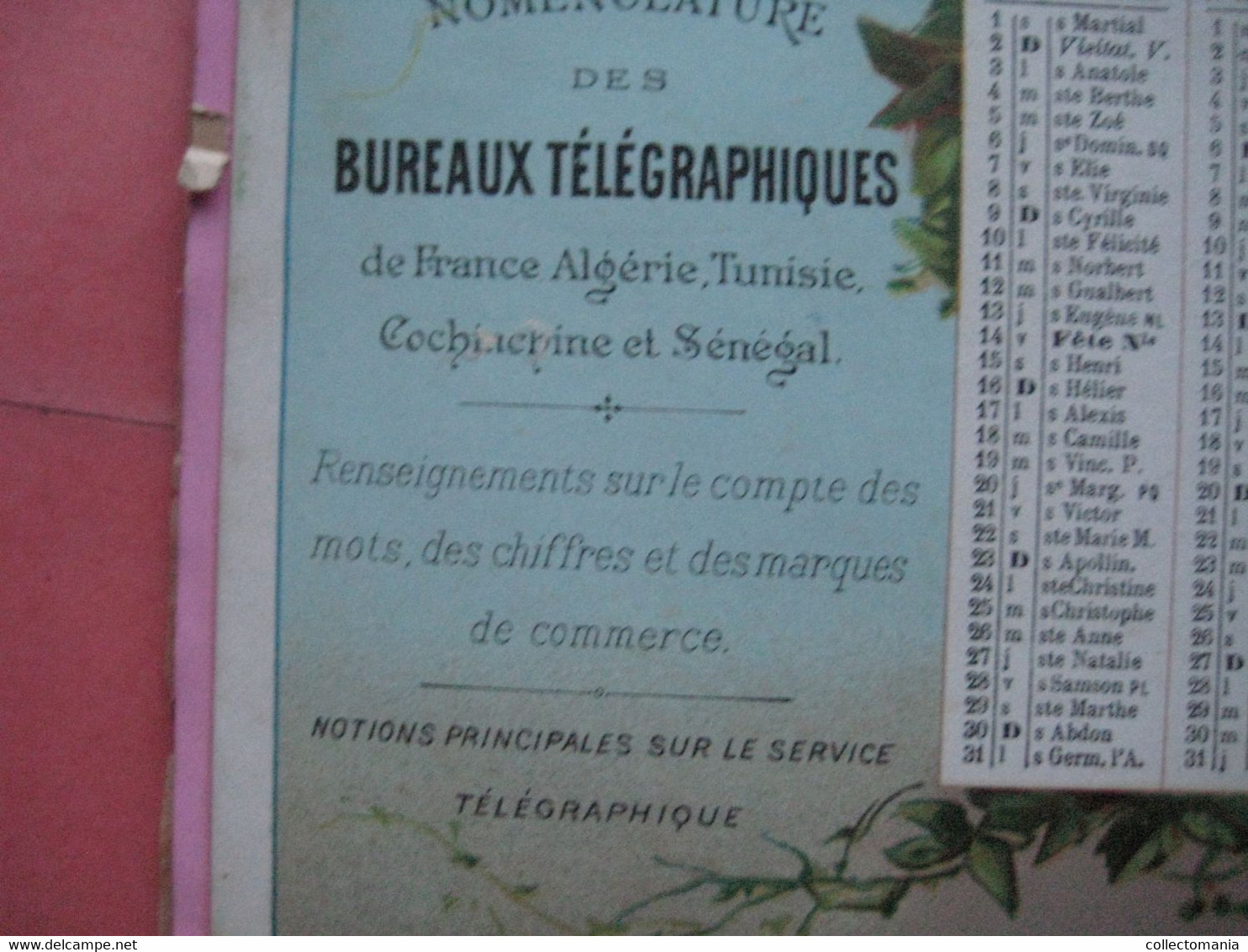 Calendrier Almenach c1893 Indicateurs et Nomenclature Télégraphiques & TELEPHONE de France et colonies 21cmX14cm