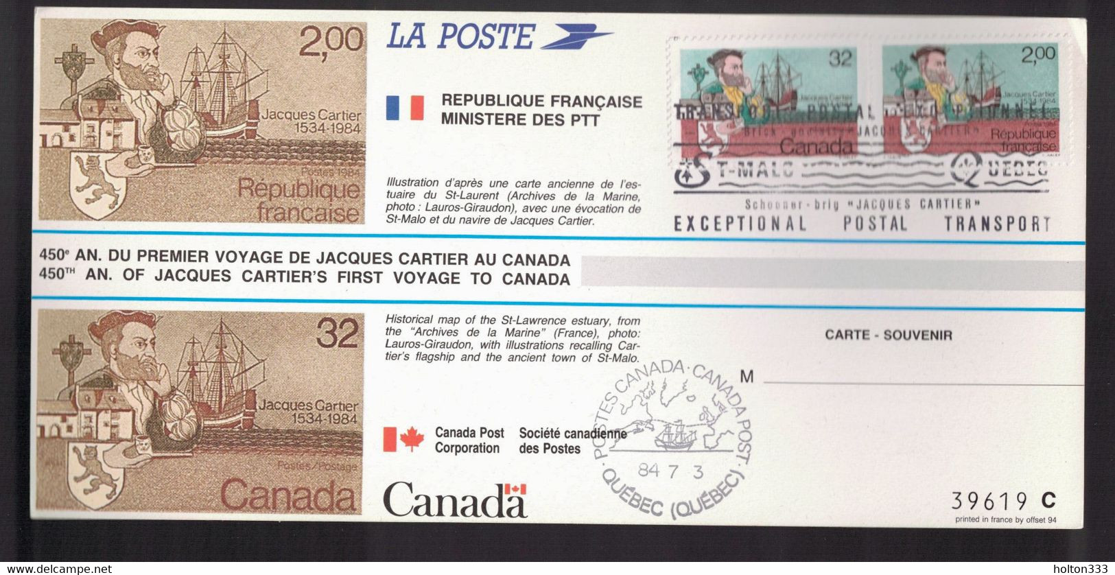 CANADA Scott # 1011 & France # 1923 - Jacques Cartier Issue On Souvenir Card 1 - Enveloppes Commémoratives
