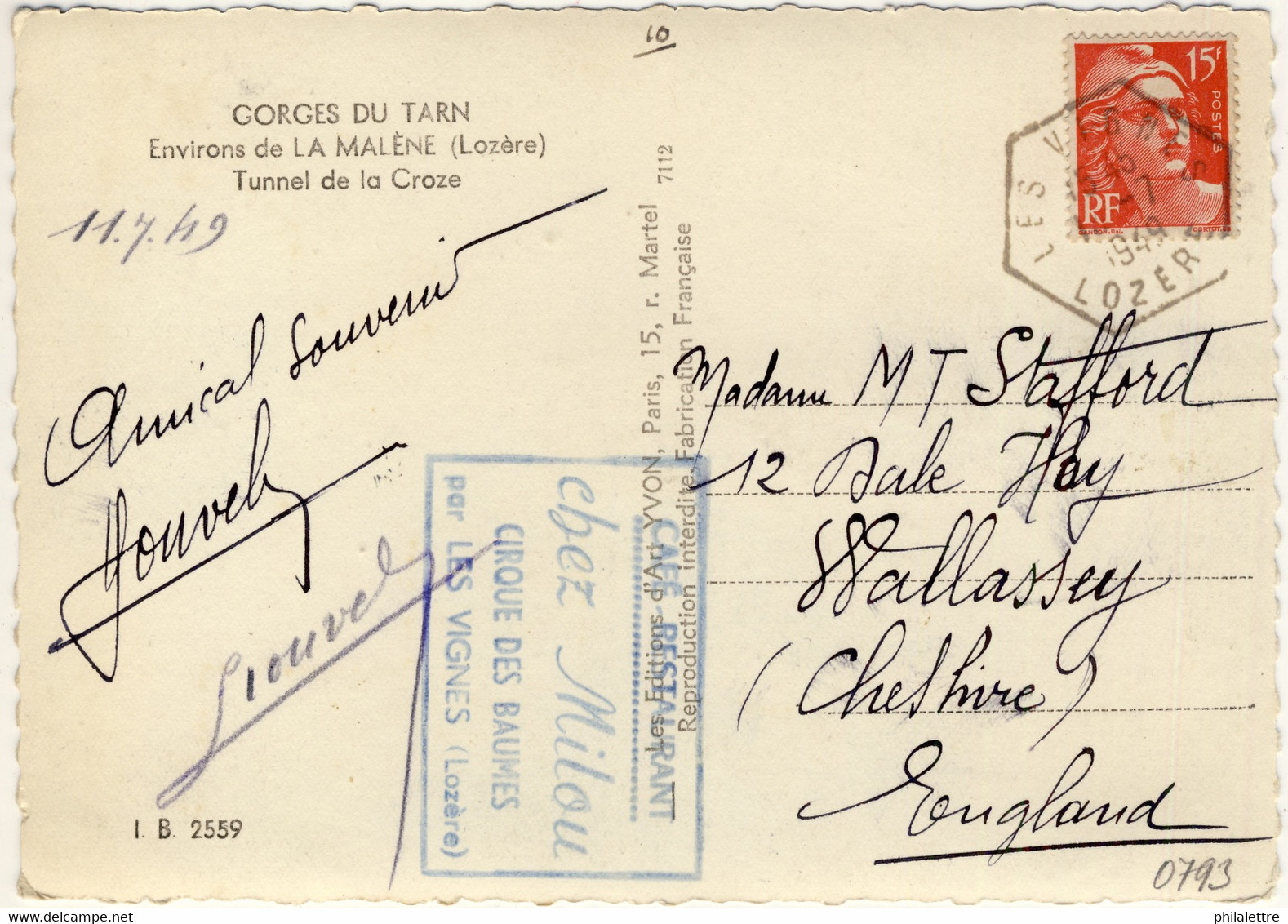 FRANCE - 1948 CàD Recette Auxiliaire Rurale " LES VIGNES / LOZÈRE " Sur CP Pour L'Angleterre - 1921-1960: Modern Tijdperk