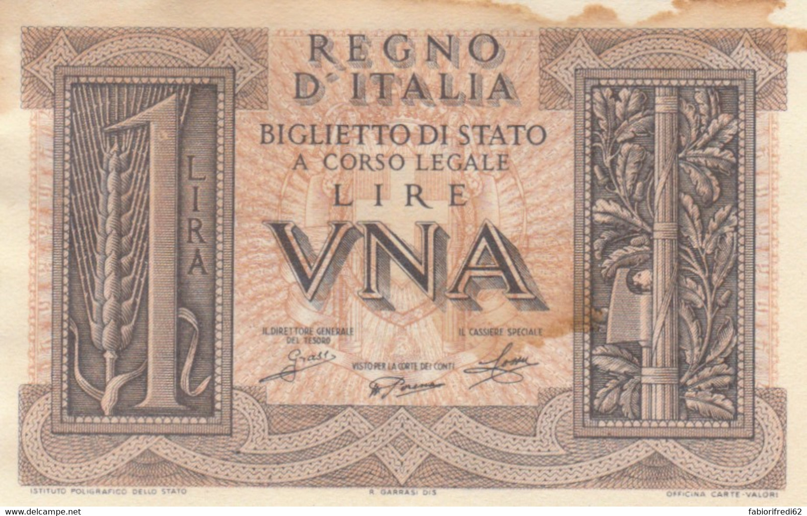 BANCONOTA BIGLIETTO DI STATO LIRE 1 (difetti Stampa-macchie) UNC (MK829 - Italia – 1 Lira