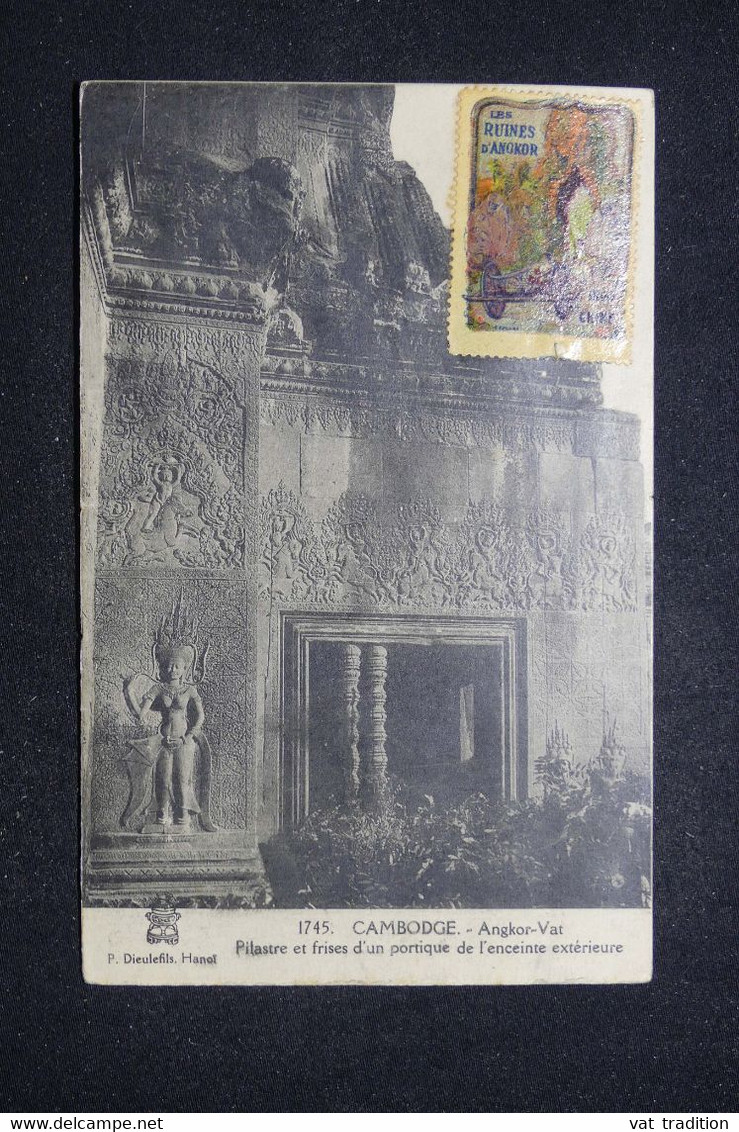 INDOCHINE - Oblitération En Bleu De Angkor Les Ruines Sur Carte Postale En 1921 Avec Vignette De Angkor - L 94861 - Storia Postale