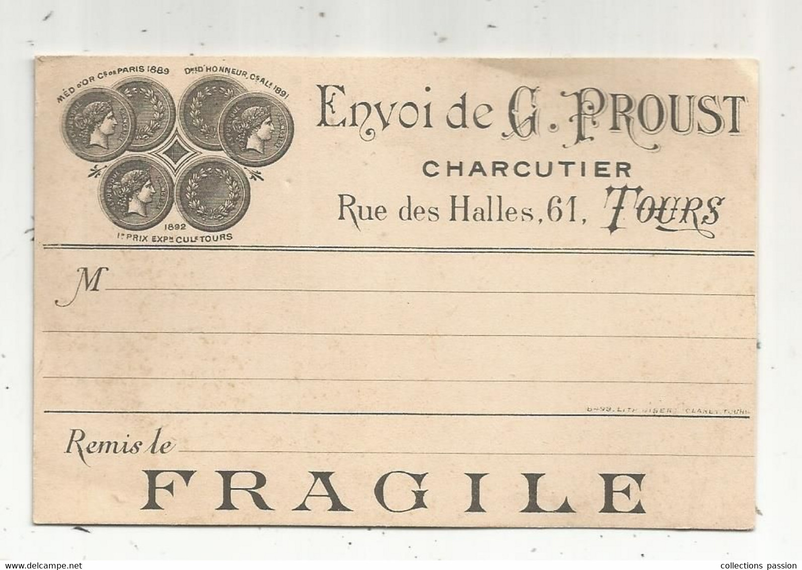 Carte De Visite , Justificatif De Remise ,envoi De G. Proust , Charcutier , 61 Rue Des Halles,37 ,TOURS - Visitekaartjes