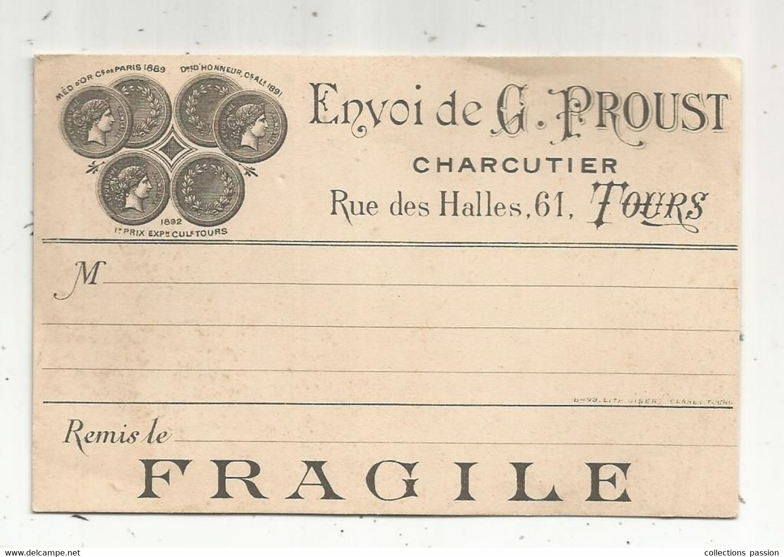 Carte De Visite , Justificatif De Remise ,envoi De G. Proust , Charcutier , 61 Rue Des Halles,37 ,TOURS - Cartes De Visite