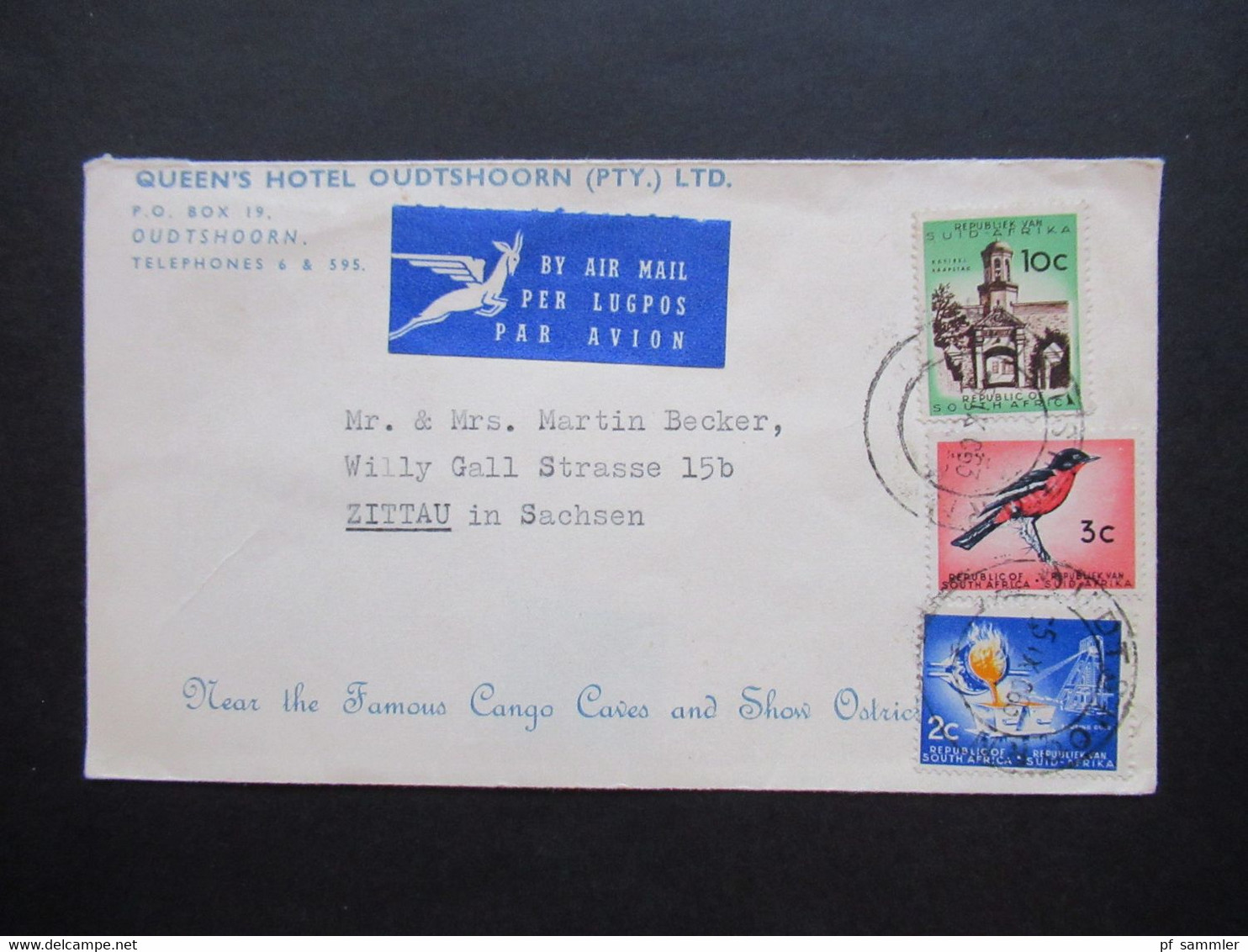 Afrika /Süd Afrika 1963 Hotelpost / Umschlag Queen's Hotel Oudthoorn (PTY) LTD. Nach Zittau Sachsen Gesendet By Air Mail - Storia Postale