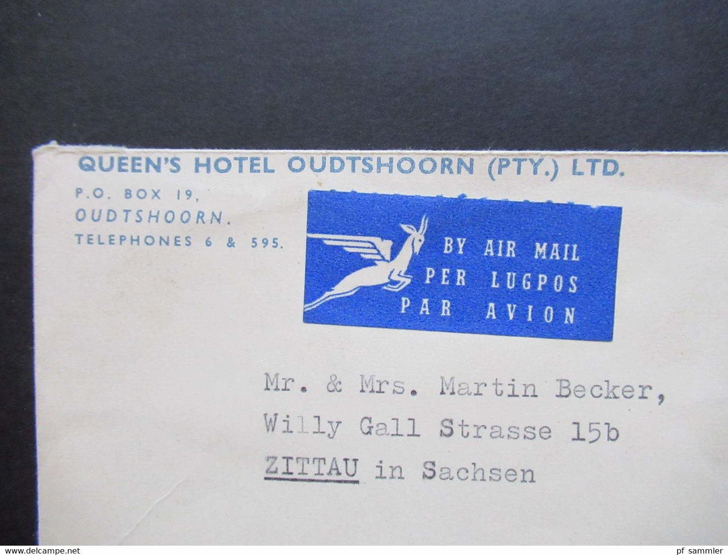 Afrika /Süd Afrika 1963 Hotelpost / Umschlag Queen's Hotel Oudthoorn (PTY) LTD. Nach Zittau Sachsen Gesendet By Air Mail - Lettres & Documents