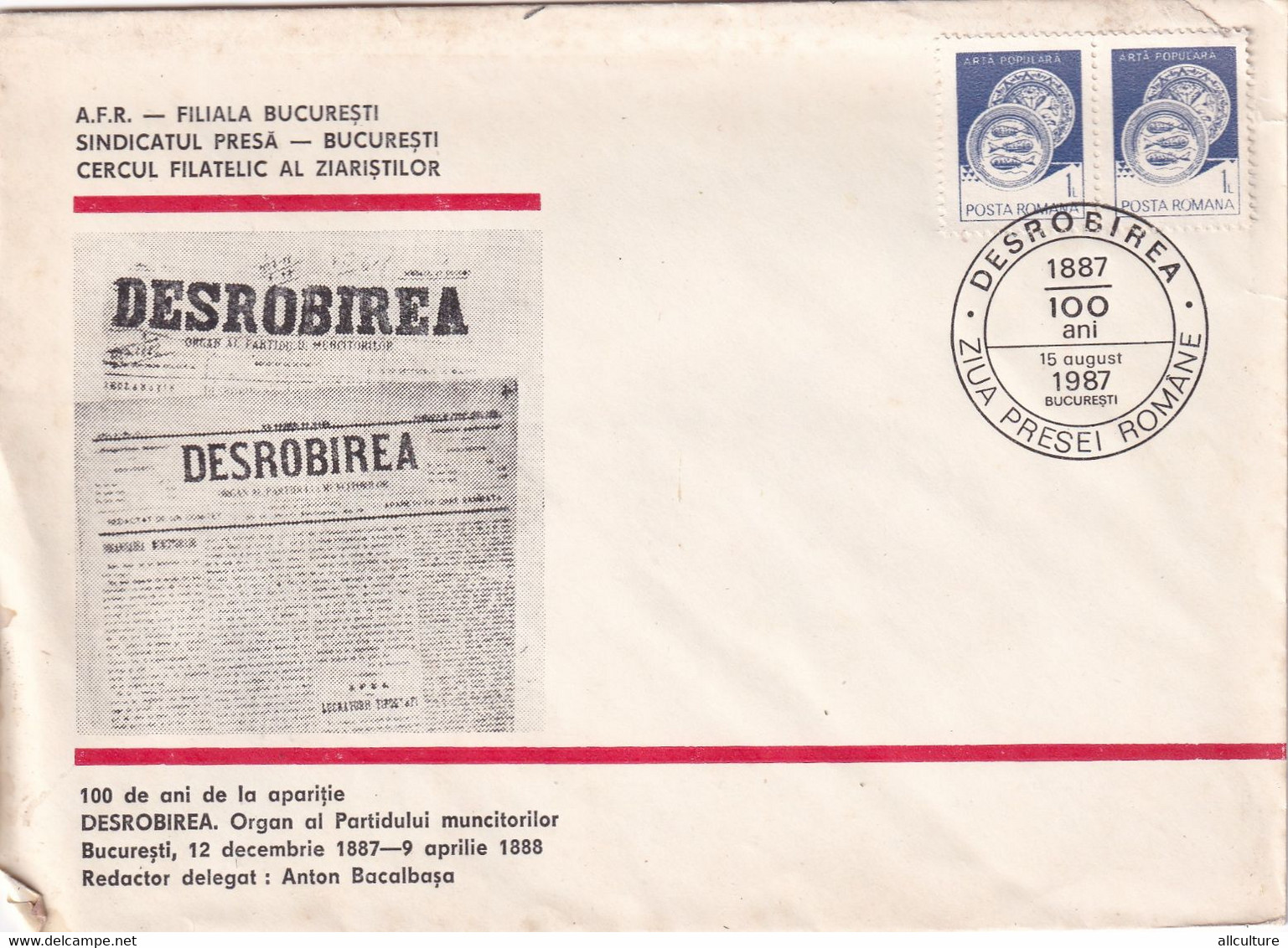 A3092 - 100 Ani Aparitia Organului Partidului Muncitorilor "Desrobirea", Bucuresti 1987 Romania Posta Romana - Covers & Documents