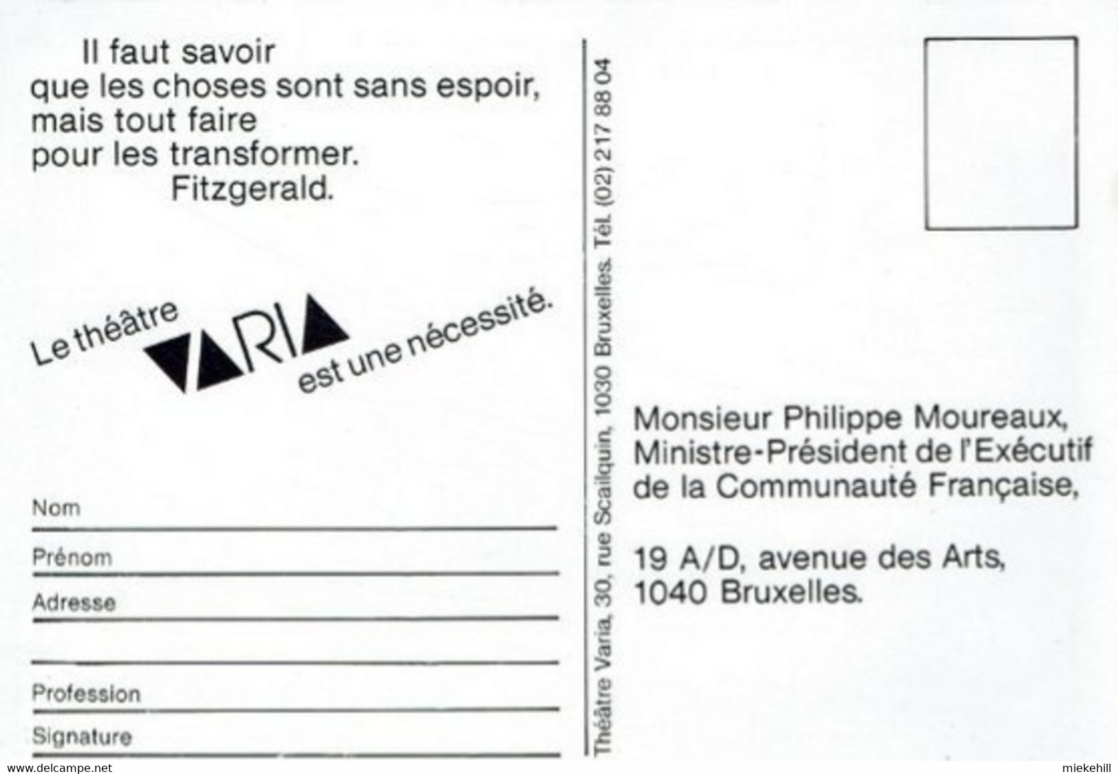 BRUXELLES-SAINT JOSSE- POLITIQUE CULTURELLE-PETITION A PHILIPPE MOUREAUX-THEATRE VARIA-RUE SCAILQUIN - St-Josse-ten-Noode - St-Joost-ten-Node