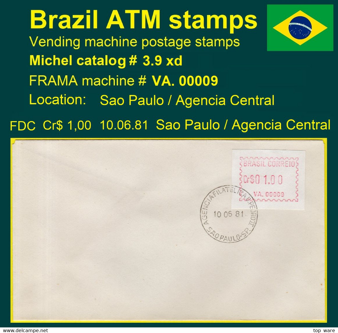 Brazil Brasilien ATM VA.00009 / 1,00 Cr$ On FDC São Paulo Agencia Central / Frama CVP Automatenmarken - Franking Labels