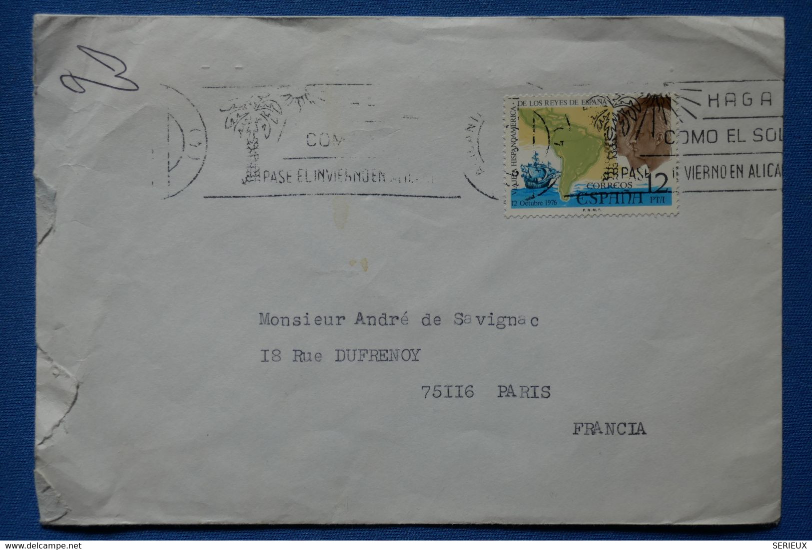 P24 ESPAGNE BELLE LETTRE 1976 ALICANTE POUR PARIS FRANCE + AFFRANCHISSEMENT PLAISANT - Storia Postale