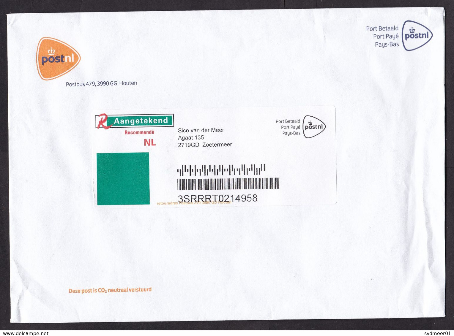 Netherlands: Official Registered Cover Of Dutch Postal Service, 2020, Postage Paid, Imprinted R-label (minor Creases) - Lettres & Documents