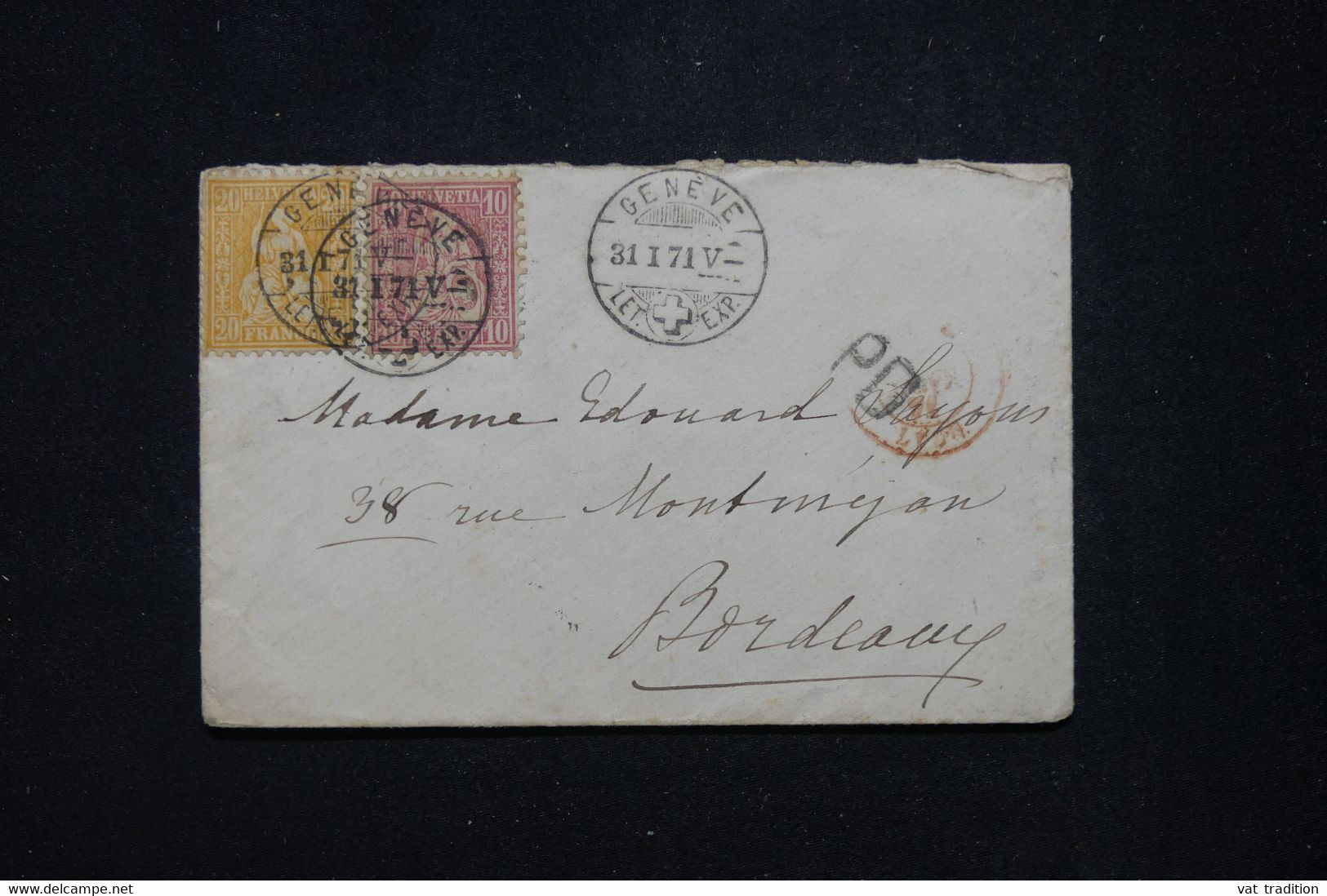 SUISSE - Enveloppe De Genève Pour Bordeaux En 1871, Affranchissement Déesse Assise 10c +20c  - L 94995 - Covers & Documents