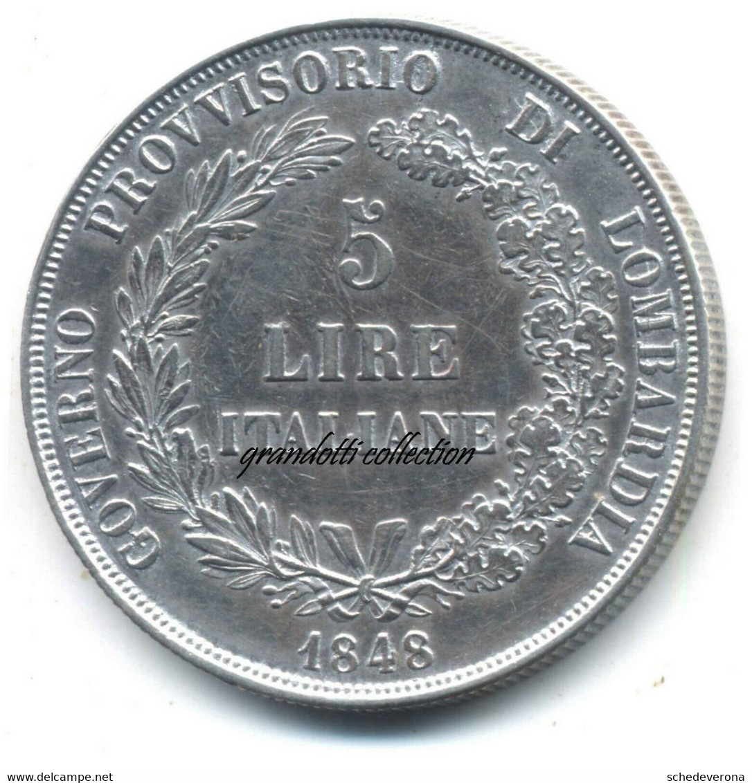 MILANO 5 LIRE 1848 GOVERNO PROVVISORIO LOMBARDIA SPLENDIDA MONETA - Lombardie-Vénétie