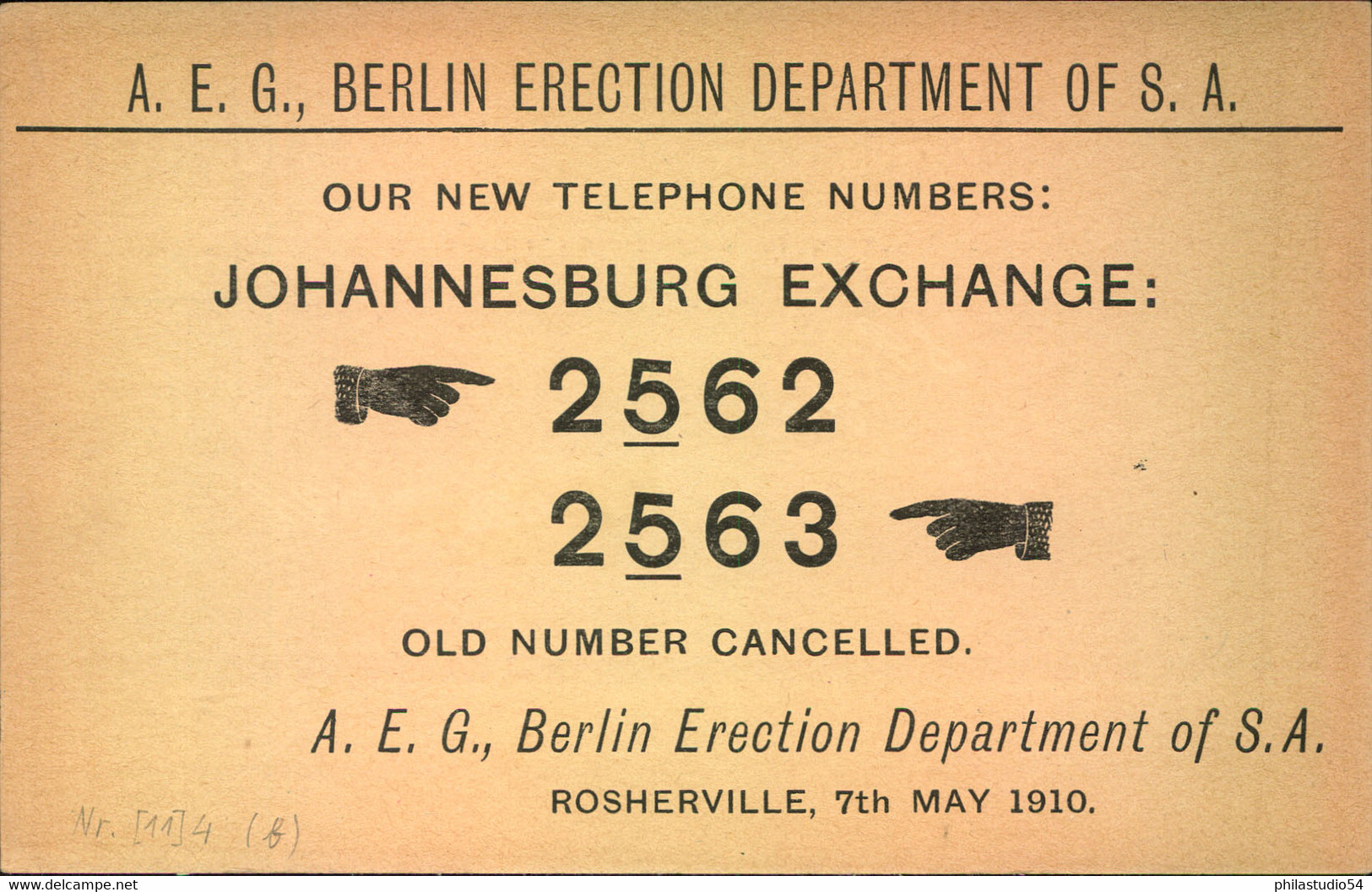 1910 Ca, Stat. Card With Adertisment A.E.G. BERLIN ERECTION DEPARTEMENT Of S.A. - Transvaal (1870-1909)