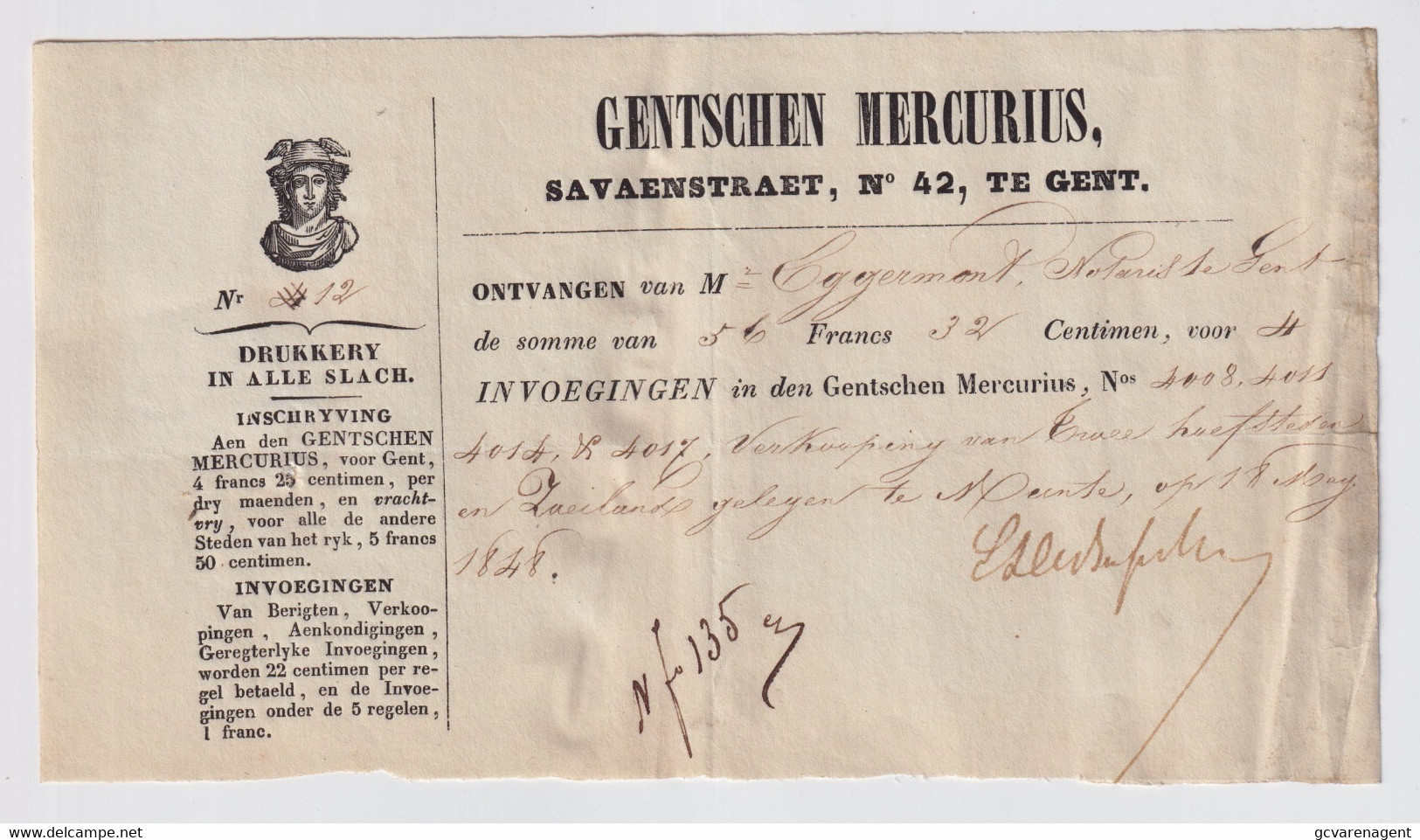 GENT GENTSCHEN MERCURIUS SAVAENSTRAET 42    BETALING 1848 VOOR 4 INVOEGINGEN - 1800 – 1899