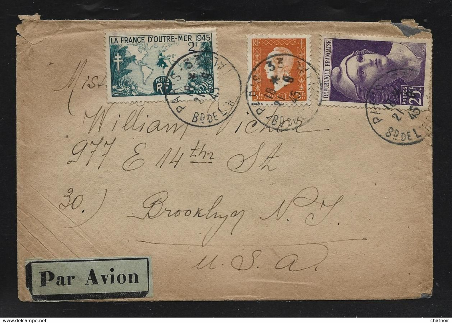 Enveloppe Par AVION   Oblit  "  PARIS " 1945   Avec   DULAC   GANDON   Pour   BROOKLYN   ETATS UNIS - Lettres & Documents