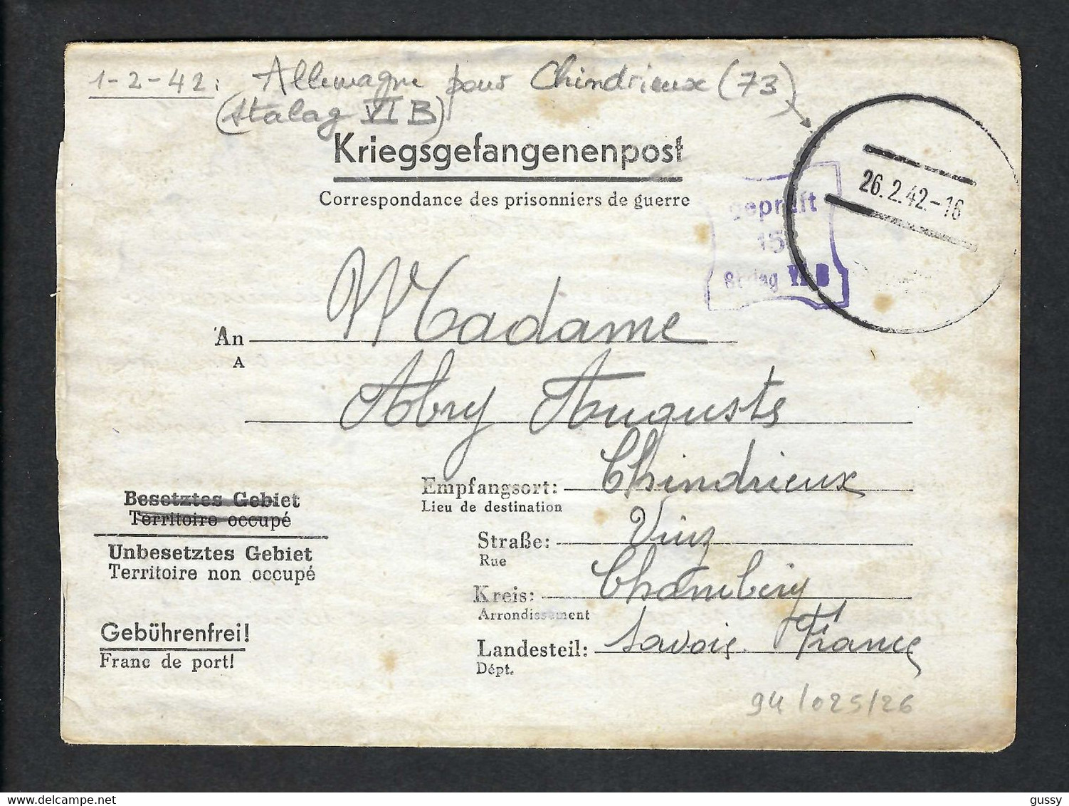 ALLEMAGNE 1943:  LAC En FM (Prisonnier De Guerre Retour) De Chambéry Pour L'Allemagne - Kriegsgefangenenpost