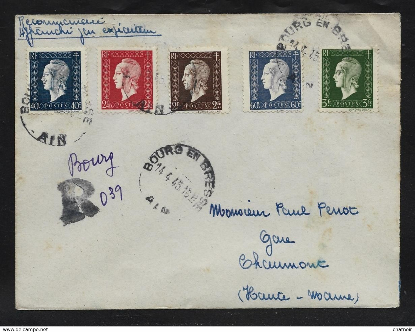 Enveloppe Recom    Oblit  " BOURG EN BRESSE  " 1945   Avec  Timbres   DULAC - Briefe U. Dokumente