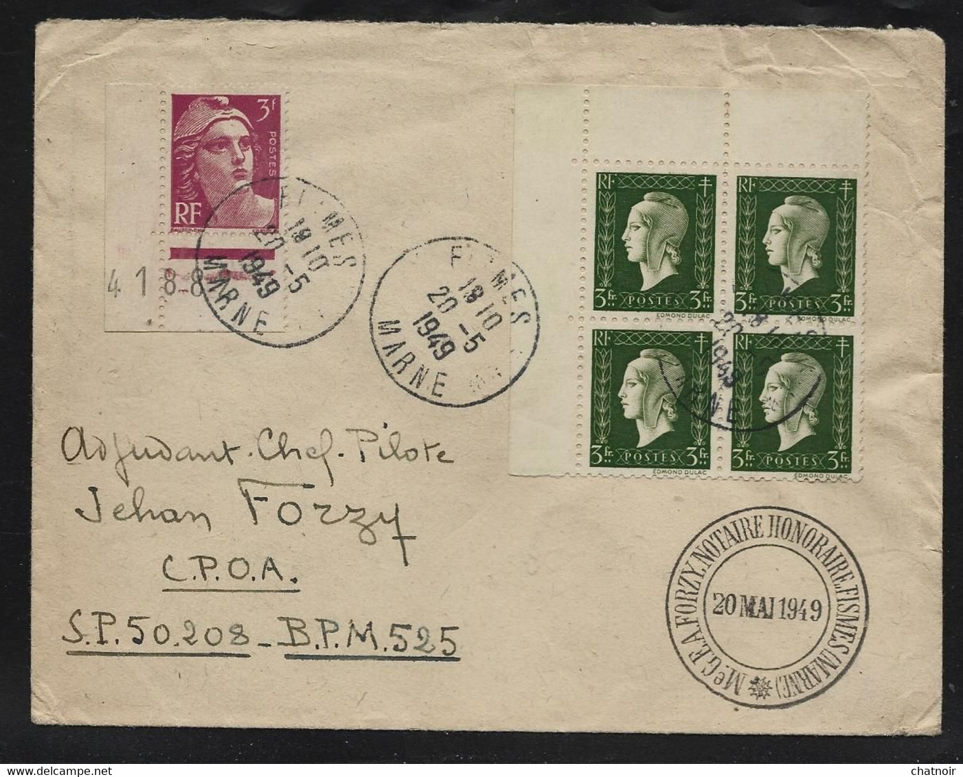 Enveloppe Oblit  "  FISMES   MARNE   " 1949 Timbre 3 Fr  DULAC En Bloc De 4  Et  3 Fr Gandon Et Chaines Pour SP 50208 - Cartas & Documentos