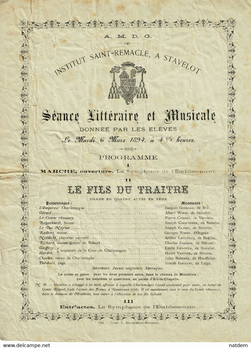 Stavelot, Institut St Remacle, Programme Concert 6 Mars 1894 - Stavelot