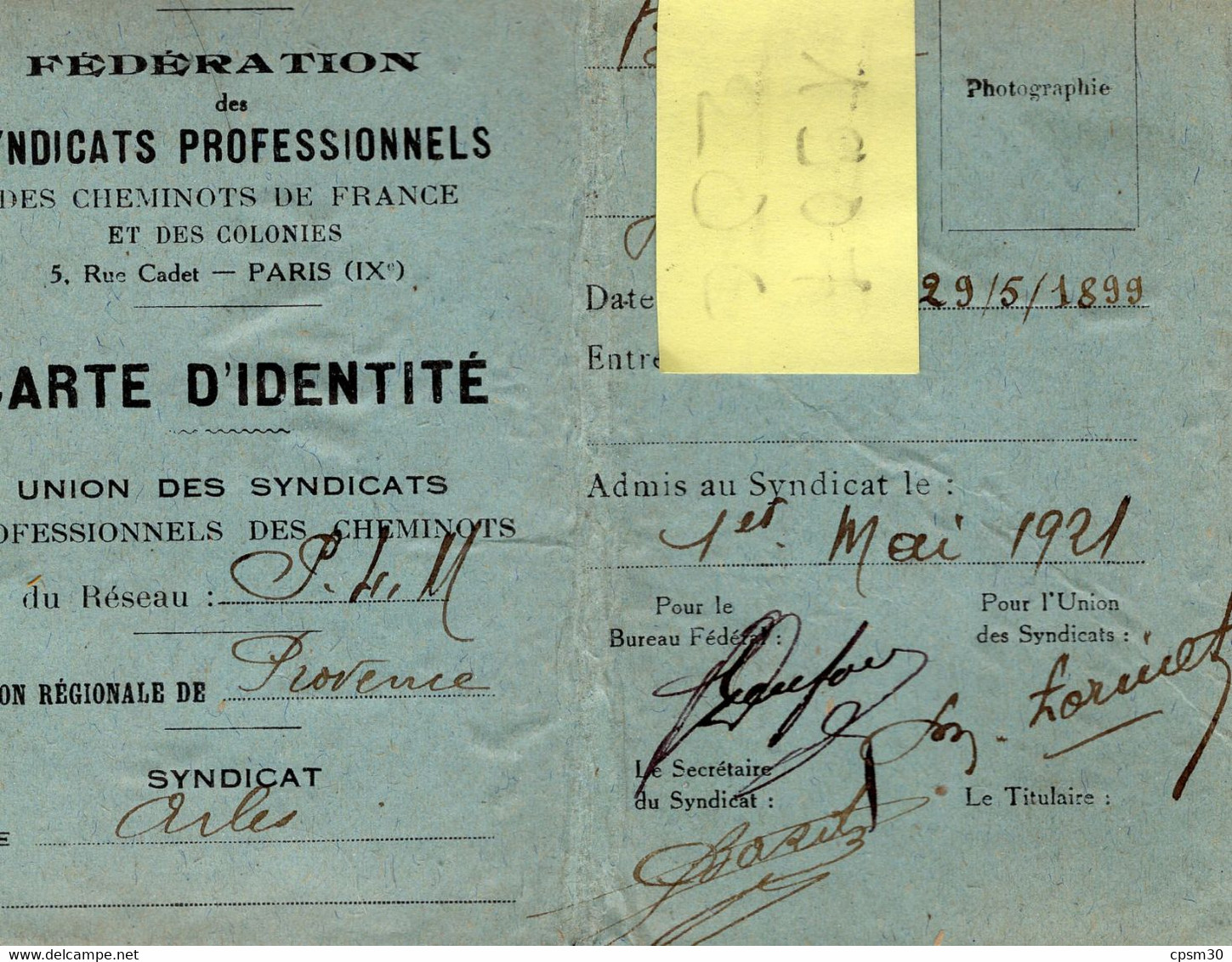 Carte D'adhérent à La Fédération Des Syndicats Professionnels Des Cheminots De France Et Colonies, Le 1er Mai 1921 - Other & Unclassified