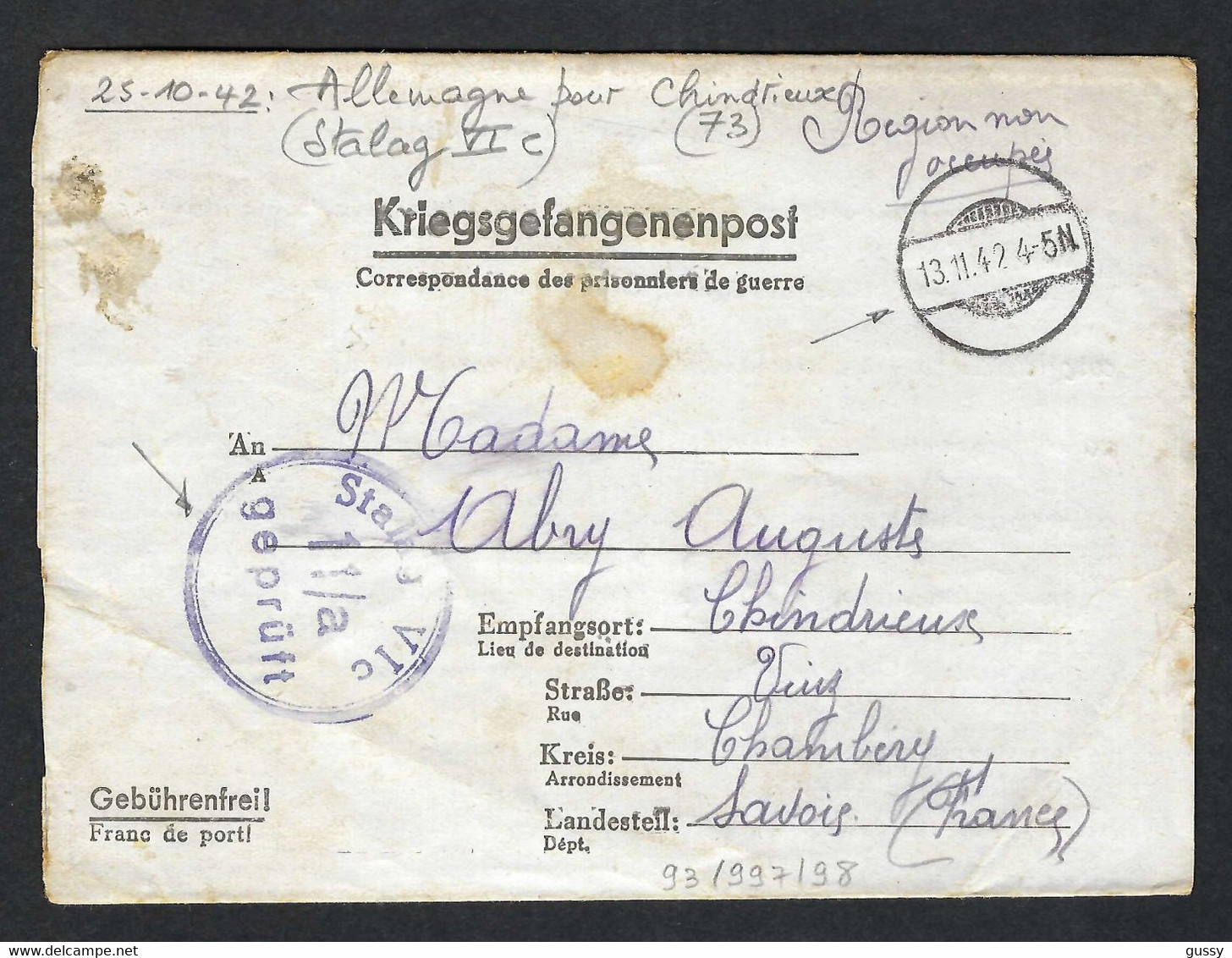 ALLEMAGNE 1943:  LAC En FM (Prisonnier De Guerre Retour) De Chambéry Pour L'Allemagne - Prisoners Of War Mail