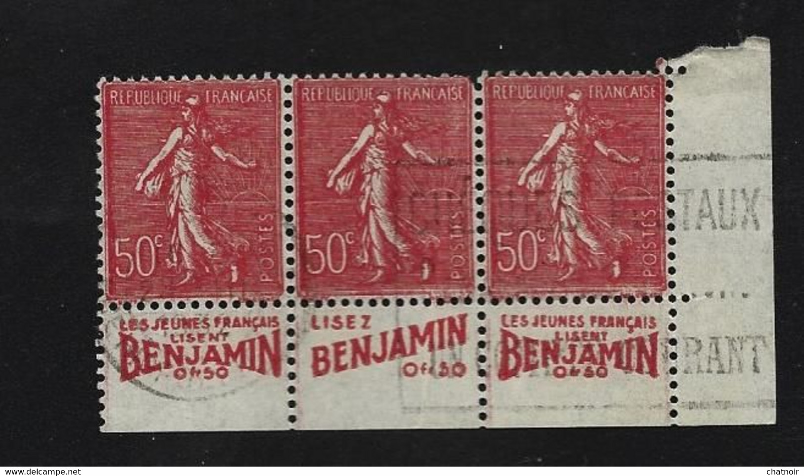 Bande De 3   50 C Semeuse  Oblitere Avec  Publicite   Benjamin - 1903-60 Säerin, Untergrund Schraffiert