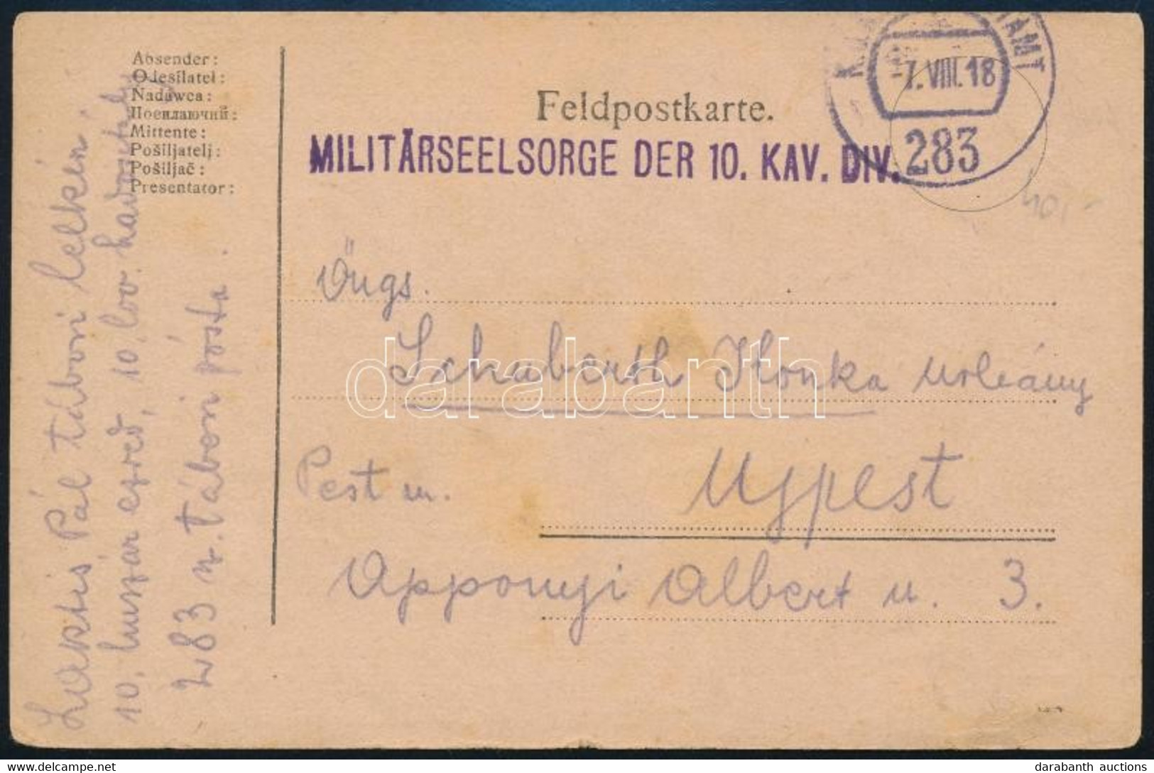 1918 Tábori Posta Levelezőlap / Field Postcard "MILITÄRSEELSORGE DER 10. KAV. DIV." + "FP 283" - Otros & Sin Clasificación